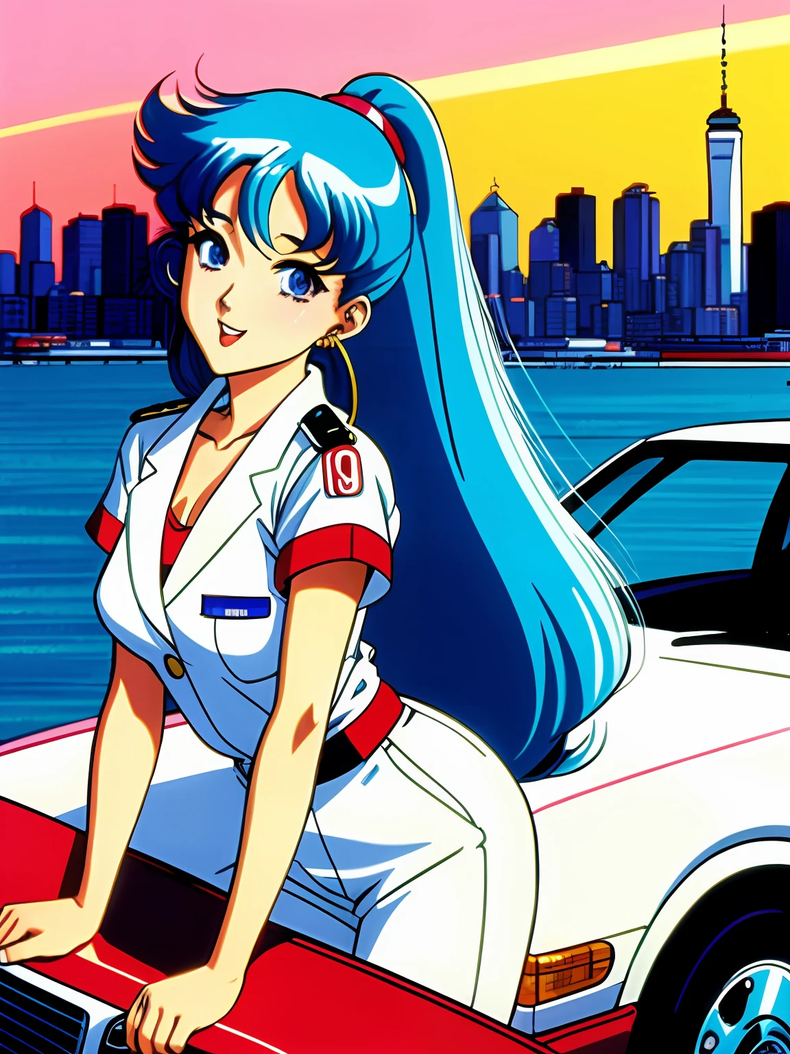 a woman with long cyan hair, ahegao face, in a pilot white outfit is holding an oil can leaning on a RED Honda City Turbo II hatchback in New york skyline in 1986 at SUNSET. Hisashi Eguchi outrun, 80 s anime art style, 80s anime style, in the art style of 80 s anime, inspired by Hisashi Eguchi, inspired by Hiroshi Nagai, ecchi anime style, 90s anime art style