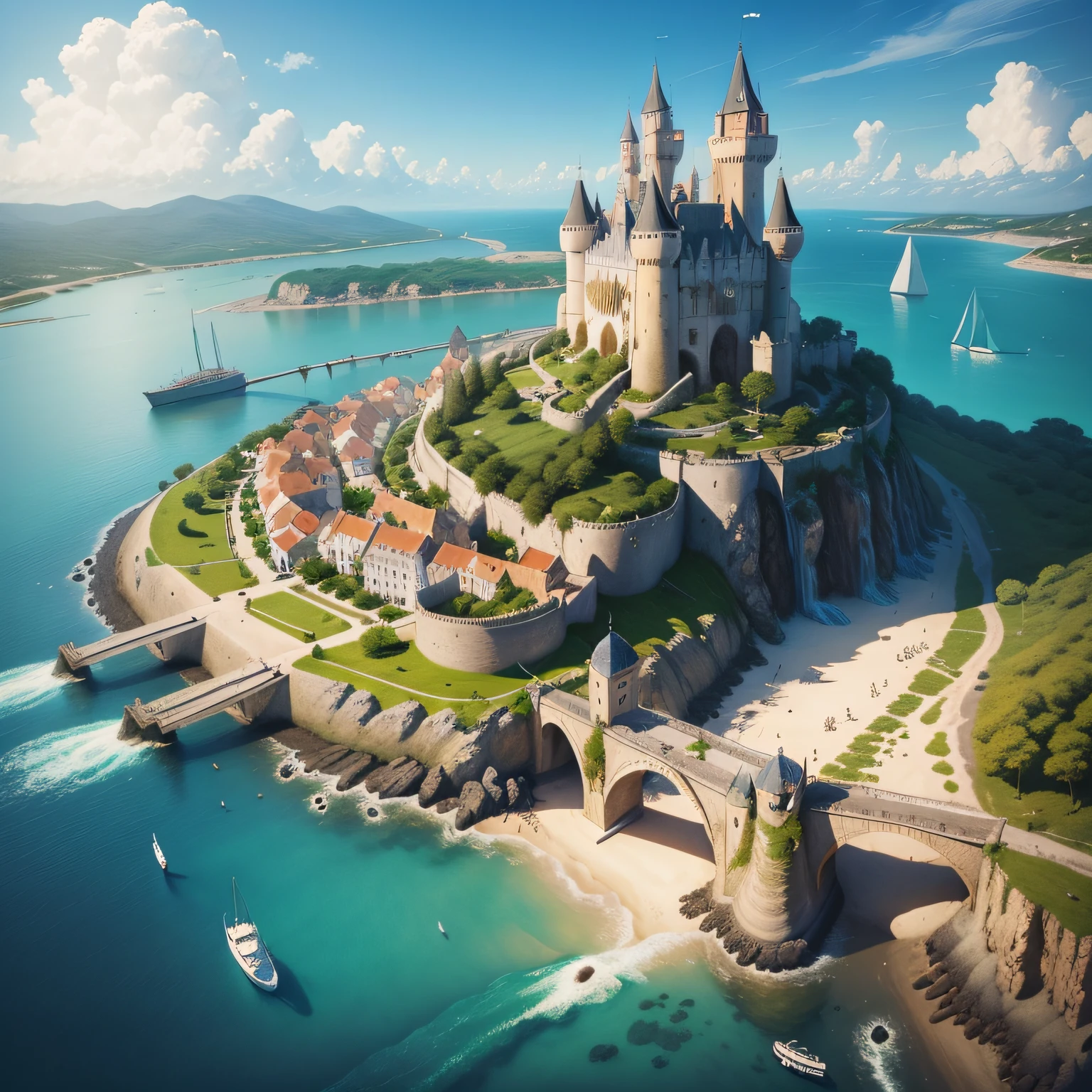 (pintura digital), (melhor qualidade), um castelo de magia, um vilarejo na parte inferior ao castelo, Several bridges connecting the city, with ships in the harbor near the village, um clima sombrio, various archers and cannon in the castles