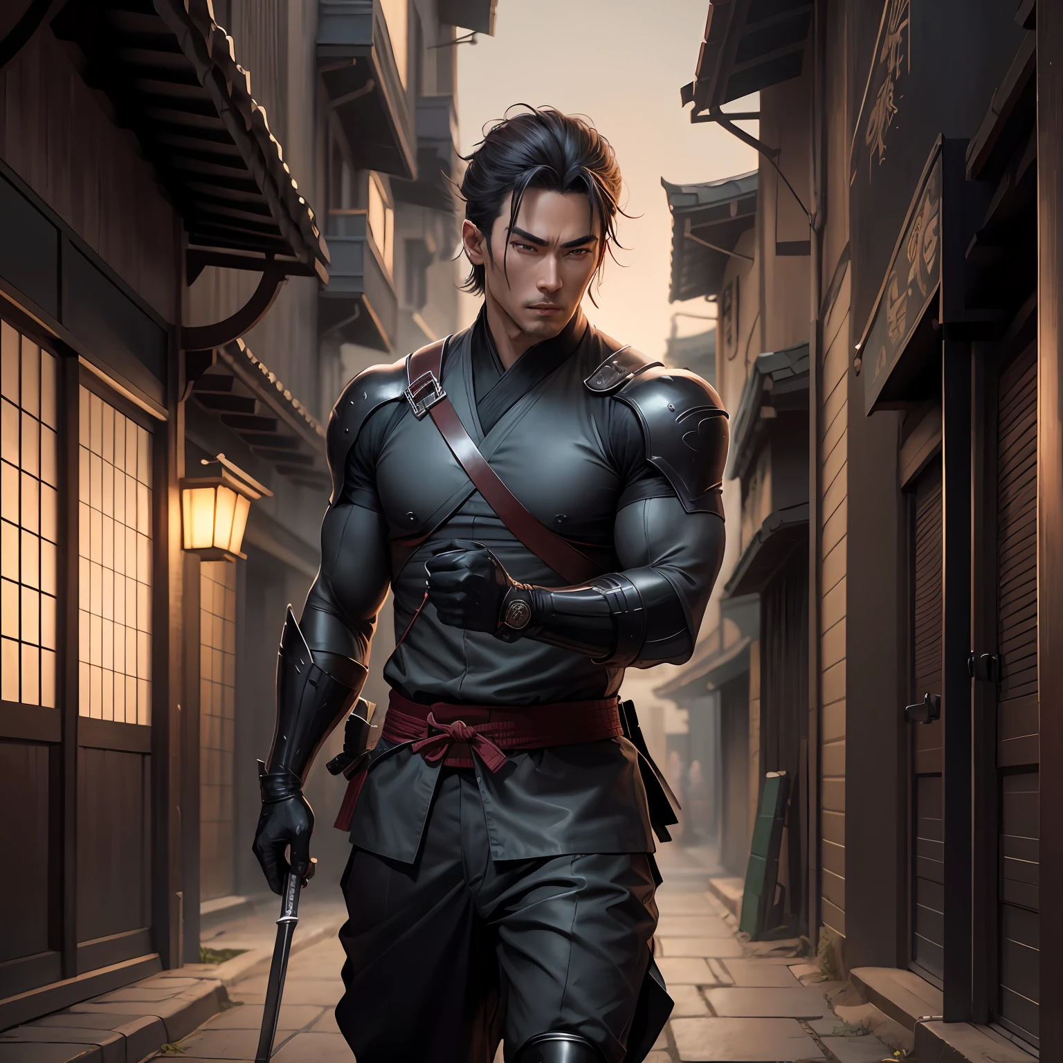 handsome male ninja spy, ancient japan, in a dark alley, using a short japanese sword, wearing all gray