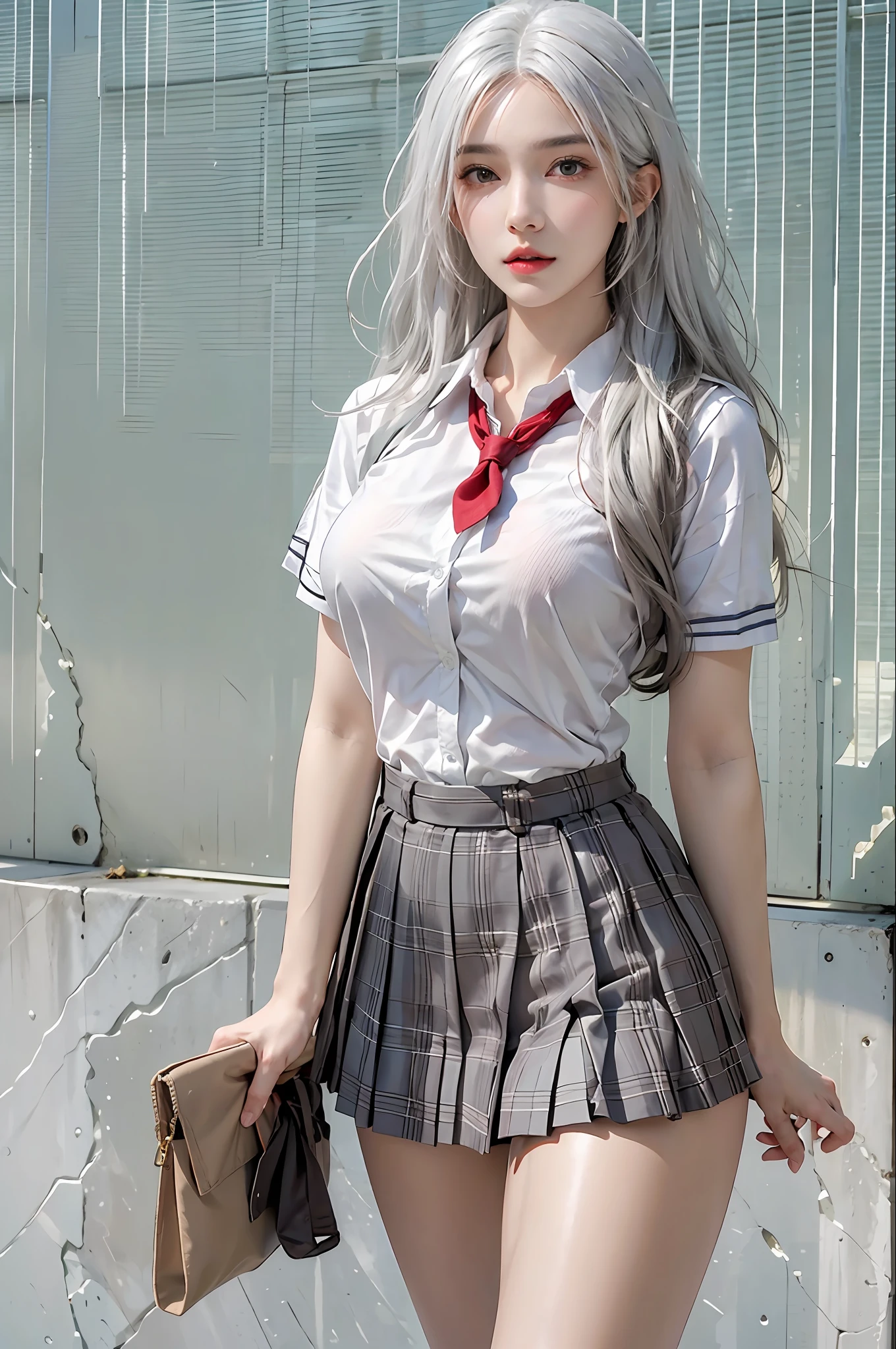 photorealistic, high resolution, 1women, solo, hips up, look at viewer, (detailed face), white hair, long hair, school uniform, skirt