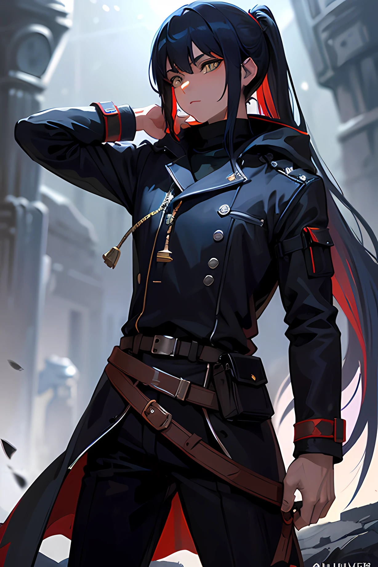 (1boy, solo, full height: 1.5), (realistic face: 1.3), award-winning photography, boy (normal ears, young: 1.1), thin, fragile, straight hair, disheveled hair, (black coat with red accents, killer-style coat, fantasy (pants), boots), adventurer's clothes, glowing eyes, (blue hair: 1.2), (yellow eyes), posing in the tundra, (rim lighting, :1.4) Two-color lighting, sharp focus, unreal, dimly lit, discreet,4k,high resolution,slit eyes,beautiful eyes,male,looking at camera,guns,guns on holster,runeterra,man,bounty hunter,fire,electricity,thunder,sword,sword on the back,swordsman,black clothes,long hair,ponytail,