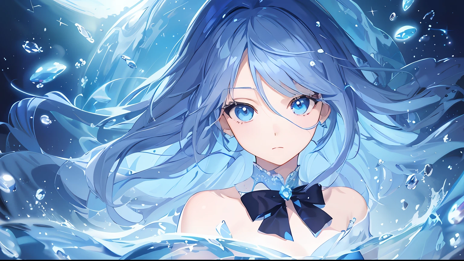 Anime Beautiful Girl, blue hairs, blue color eyes, a blue dress, wallpaper anime blue water, 4k anime wallpapers, Anime art wallpaper 4k, Anime style 4k, Anime art wallpaper 8K, Anime wallpaper 4k, Beautiful anime artwork, blue watery eyes, with black curled hair。