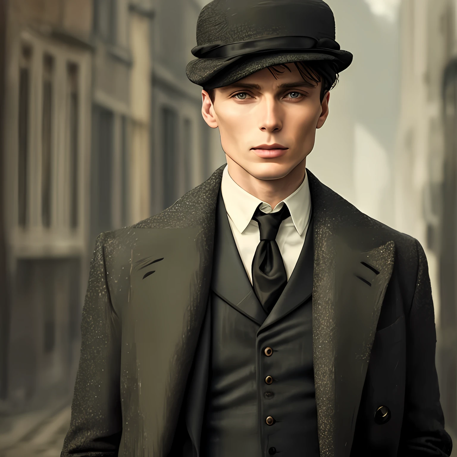 1 homem Cillian Murphy como Tommy Shelby, Retrato realista, rosto detalhado, Boina de peaky blinders | | | | | , cinematic lighthing, Inglaterra ambientada nos anos 30,