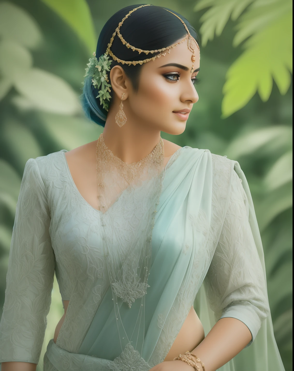 fashion photography portrait of indian girl with blue hair, in lush jungle with flowers, 3d render, cgi, symetrical, octane render, 35mm, bokeh, 9:16, (intricate details:1.12), hdr, (intricate details, hyperdetailed:1.15), (natural skin texture, hyperrealism, soft light, sharp:1.2), detailed, sunlight passing through foliage, blue saree, 8k details, masterpiece, best quality, award winning photo, photorealistic, highly detailed, raw photo, realistic natural skin textures, rim light, hyperrealistic, low contrast, sharp focus, soothing tones, 8k details, intricate, low key, masterpiece, best quality, award winning photo, photorealistic, highly detailed, raw photo, realistic natural skin textures, rim light, hyperrealistic, low contrast, sharp focus, soothing tones, 8k details, intricate, low key