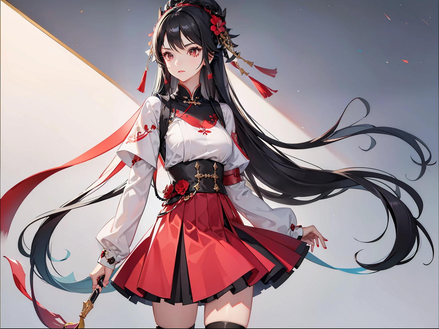 Female killer with black hair。 Black and red mixed skirt。