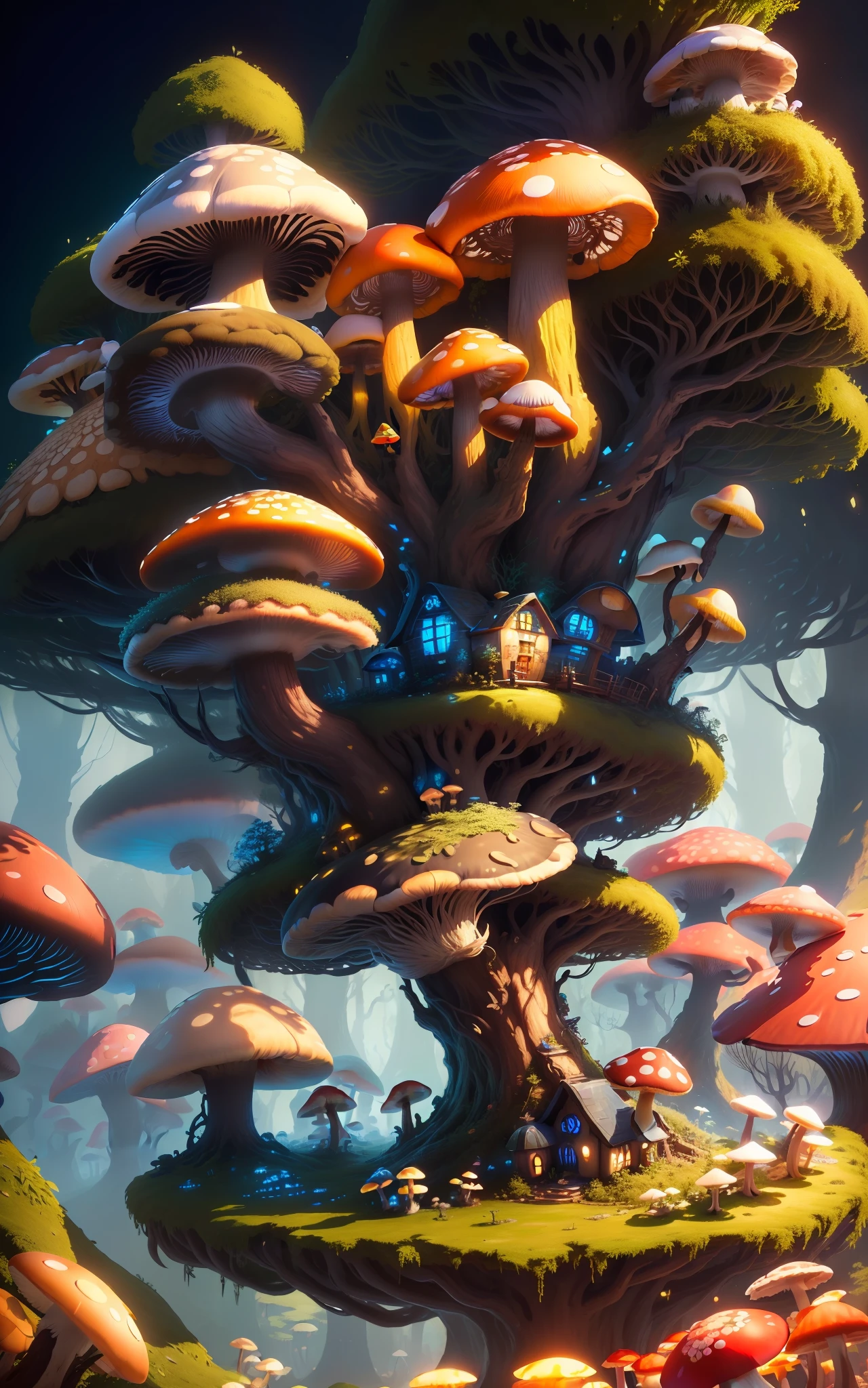 Close-up of a bunch of mushrooms in the forest, mushroom city, Mushroom forest, cyber mushroom city, mushroom house, forest made of mushrooms, mushroom trees, Stylized concept art, mushroom house, 3 d render stylized, Mushrooms are everywhere, Detailed digital 2D fantasy art, houses in the shape of mushrooms, magical fantasy 2 d concept art