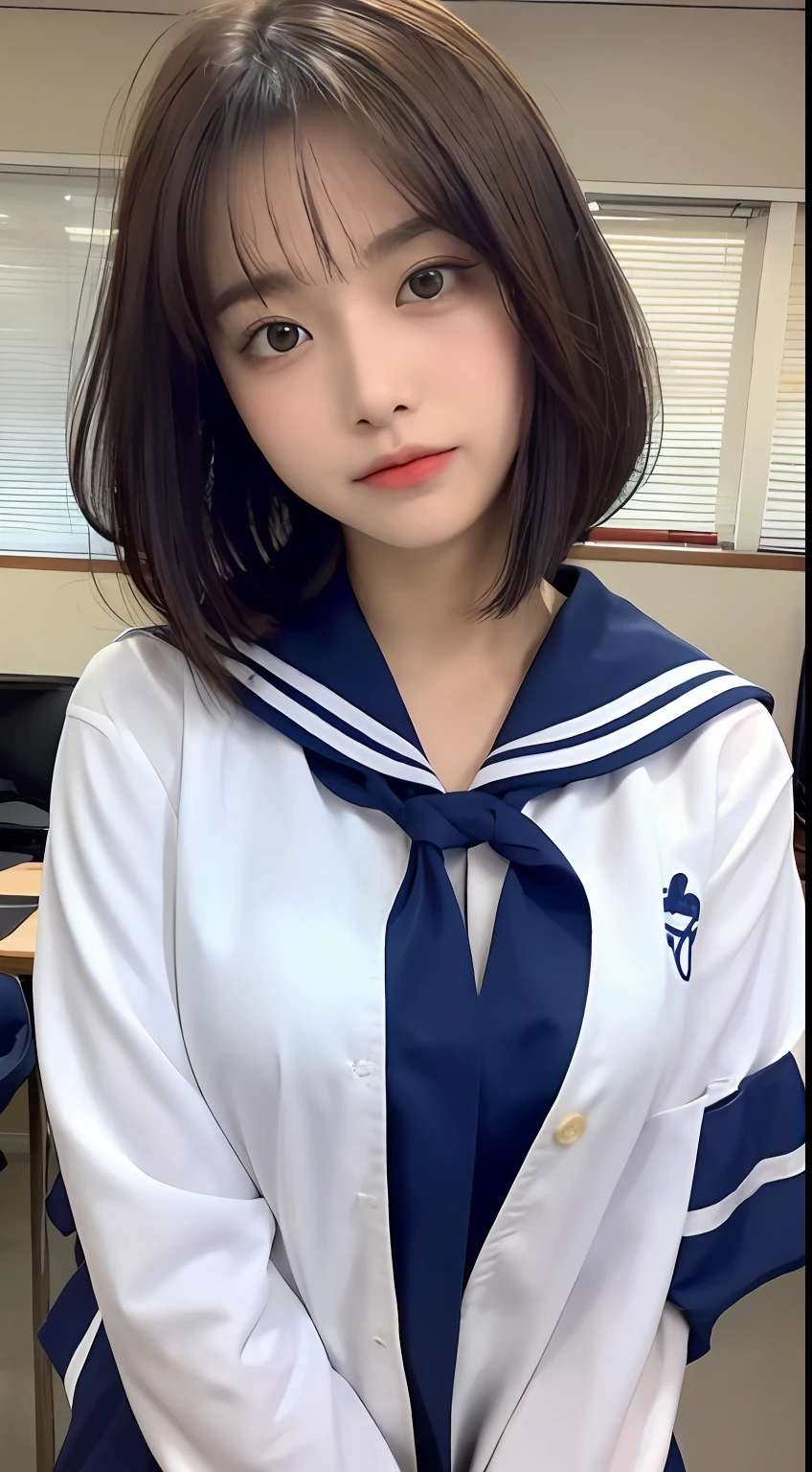 (Top Quality, 8K, Masterpiece: 1.3)), Focus: 1.2, Perfect Body Beauty: 1.8, Buttocks: 1.2, ((Layered Haircut, Chest: 2.5)), Japan High School, Sailor Suit Worn by Japan High School Students, (School, Classroom), Highly Detailed Face and Skin Texture, Big Eyes, Tanuki Face, Double Eyelids, Whitened Skin, Shoot Cut