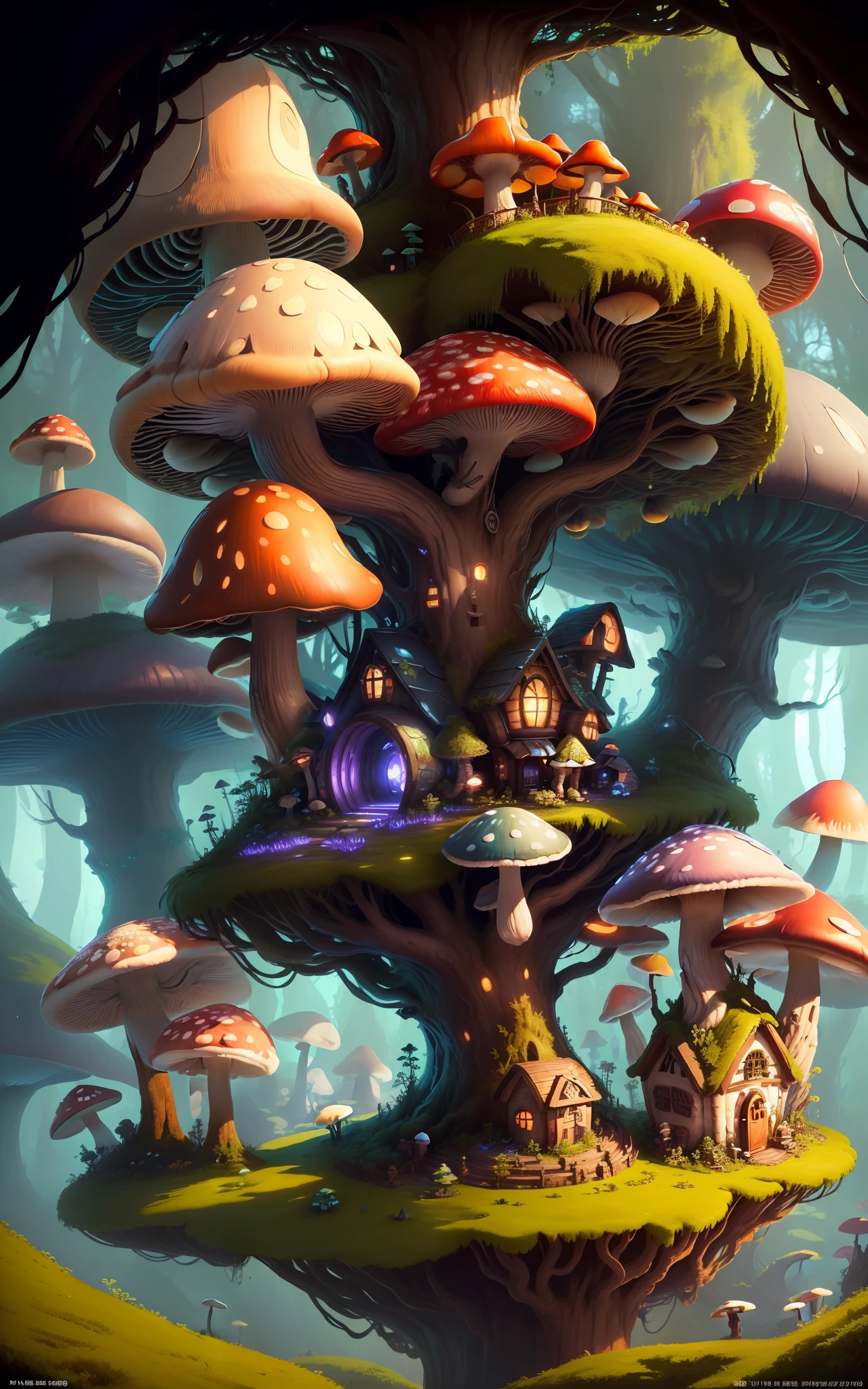 Close-up of a bunch of mushrooms in the forest, mushroom city, Mushroom forest, cyber mushroom city, mushroom house, forest made of mushrooms, mushroom trees, Stylized concept art, mushroom house, 3 d render stylized, Mushrooms are everywhere, Detailed digital 2D fantasy art, houses in the shape of mushrooms, magical fantasy 2 d concept art