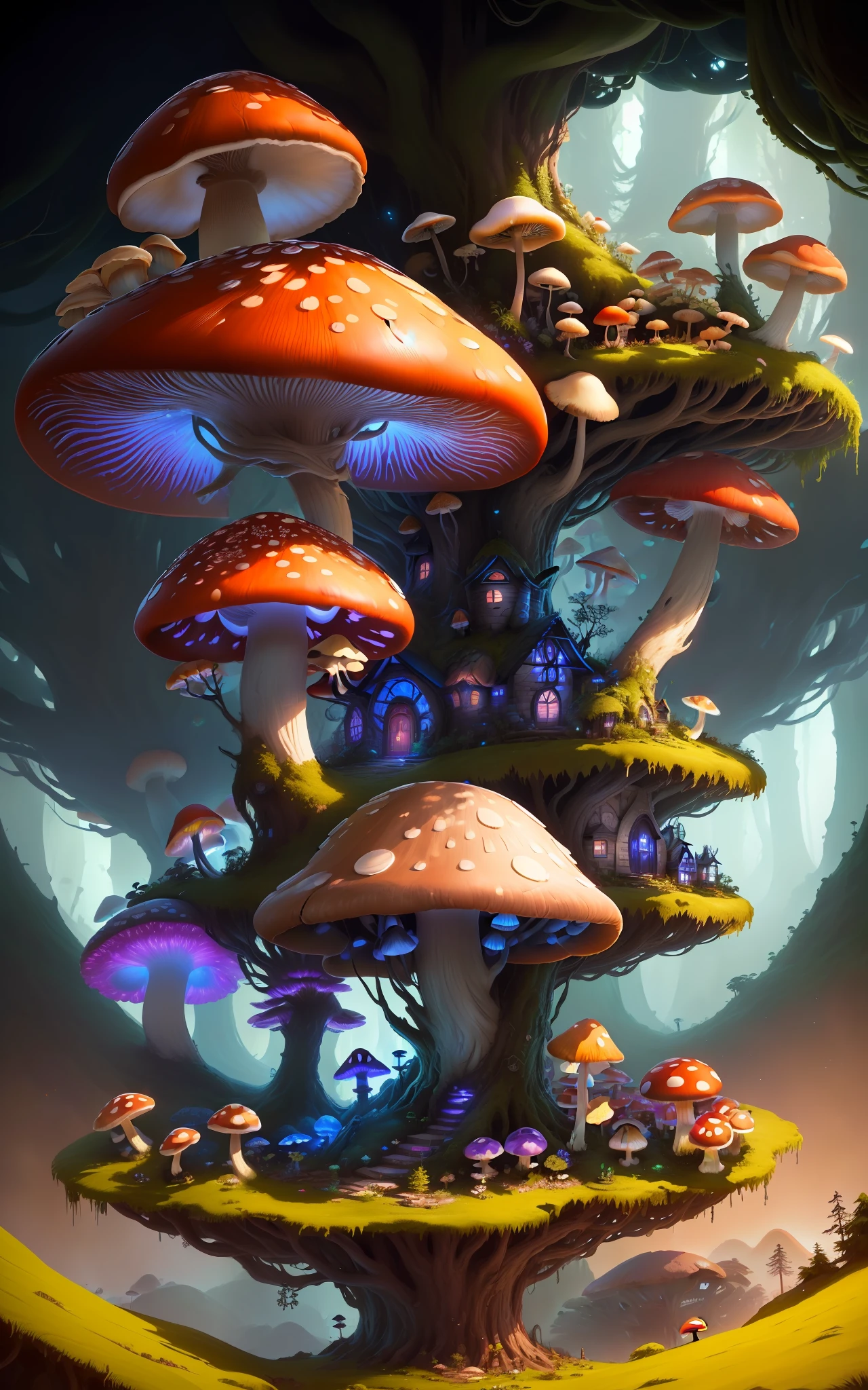 Close-up of a bunch of mushrooms in the forest, mushroom city, Mushroom forest, cyber mushroom city, mushroom house, forest made of mushrooms, mushroom trees, Stylized concept art, mushroom house, 3 d render stylized, Mushrooms are everywhere, Detailed digital 2D fantasy art, houses in the shape of mushrooms, magical fantasy 2 d concept art