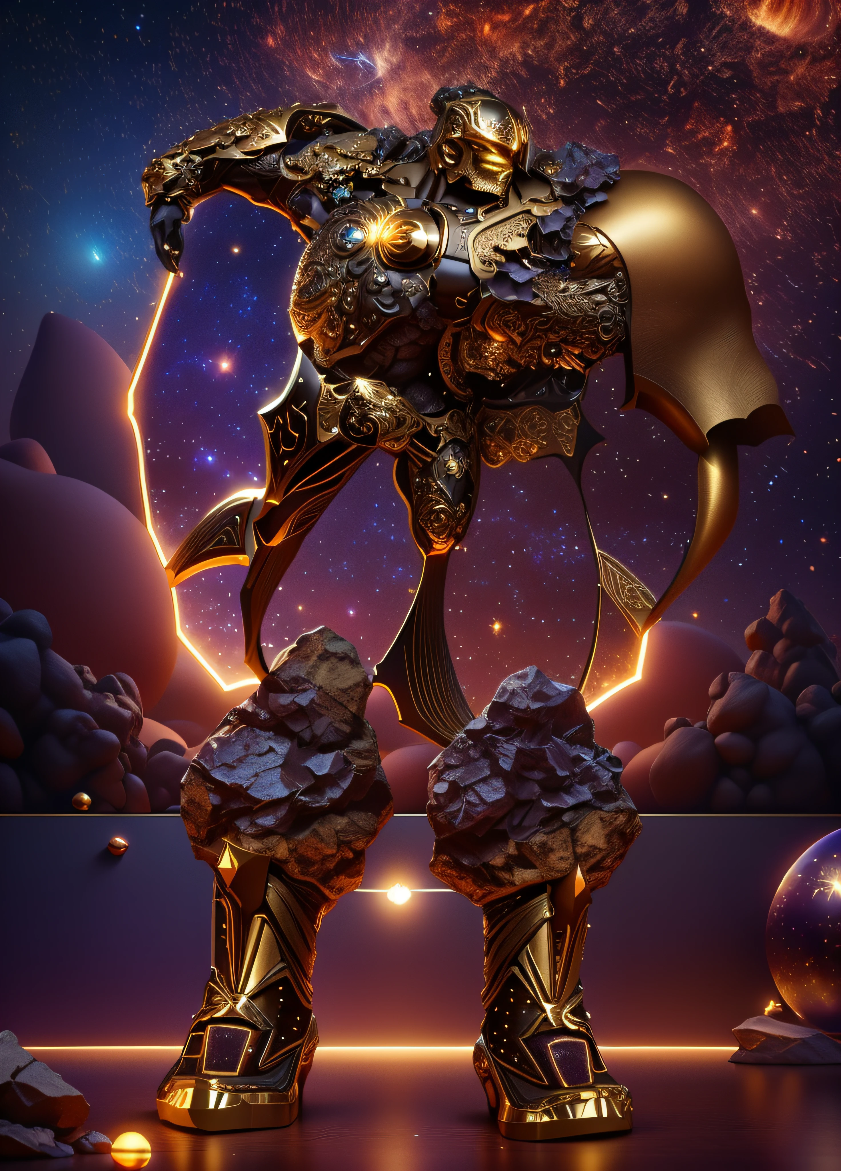 The sinister representation of a stone giant with legs and arms made from the look of a beautiful galaxy, alaranjado luminoso e bege com dourado, pele feita de neon amarelo, 3D-rendering, Hyper-realistic graphics, 3D-rendering, 8k, NVIDIA, RTX 4090 | | | | | | | | | | | | | | | | | | | | |, ray tracing, Bokeh, noite estrelada e com uma enorme lua cheia ao fundo,