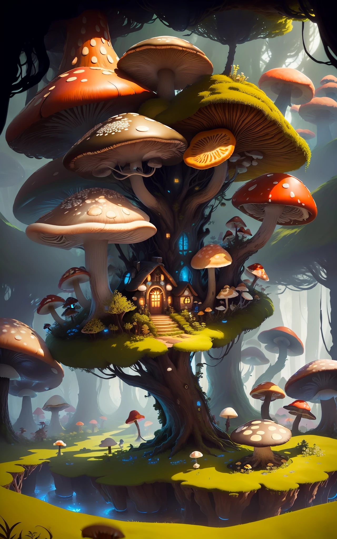 Close-up of a bunch of mushrooms in the forest, mushroom city, Mushroom forest, cyber mushroom city, mushroom house, forest made of mushrooms, mushroom trees, Stylized concept art, mushroom house, 3 d render stylized, Mushrooms are everywhere, Detailed digital 2D fantasy art, houses in the shape of mushrooms, magical fantasy 2 d concept art