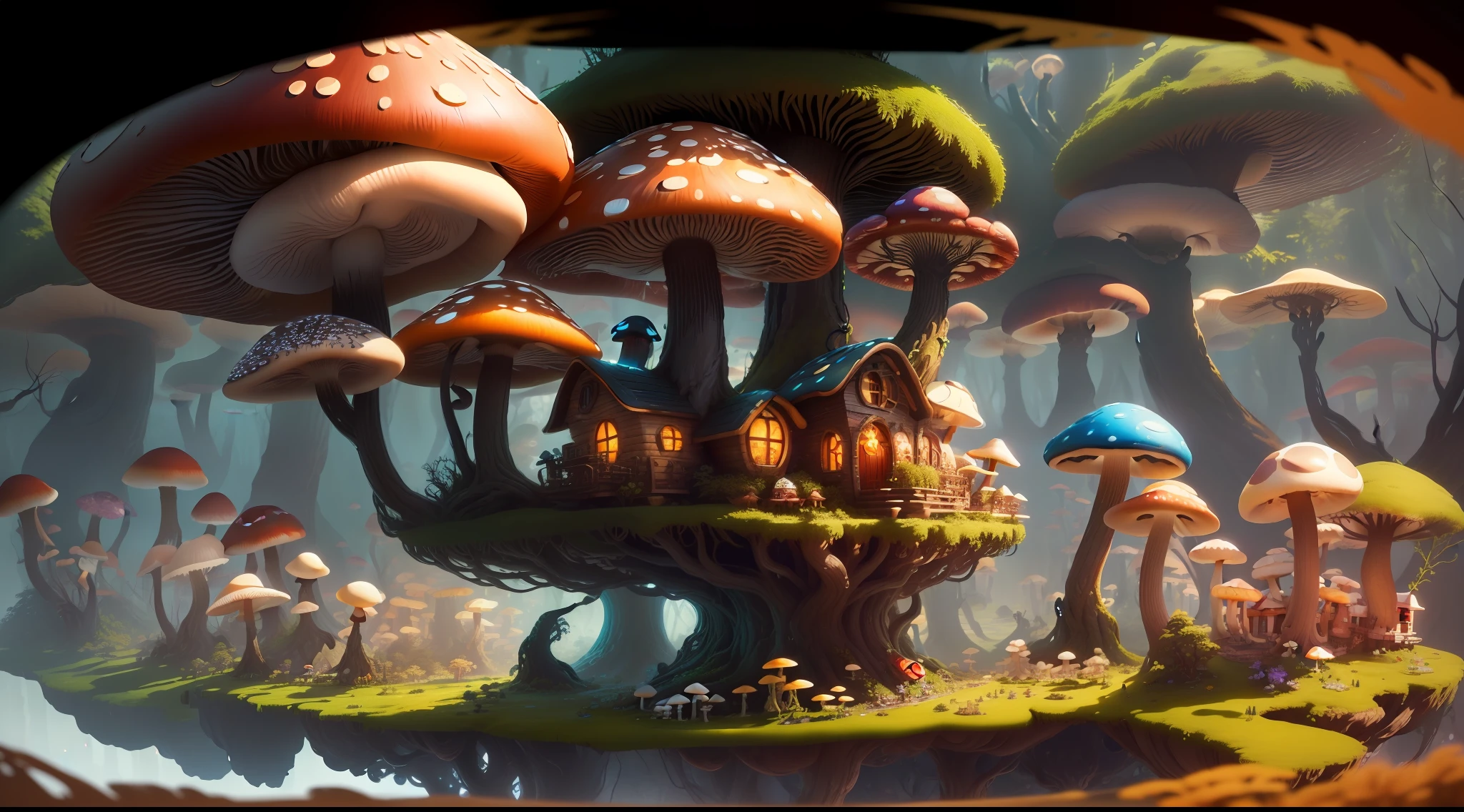 Close-up of a bunch of mushrooms in the forest, mushroom city, Mushroom forest, cyber mushroom city, mushroom house, forest made of mushrooms, mushroom trees, Stylized concept art, mushroom house, 3 d render stylized, Mushrooms are everywhere, Detailed digital 2D fantasy art, houses in the shape of mushrooms, magical fantasy 2 d concept art
