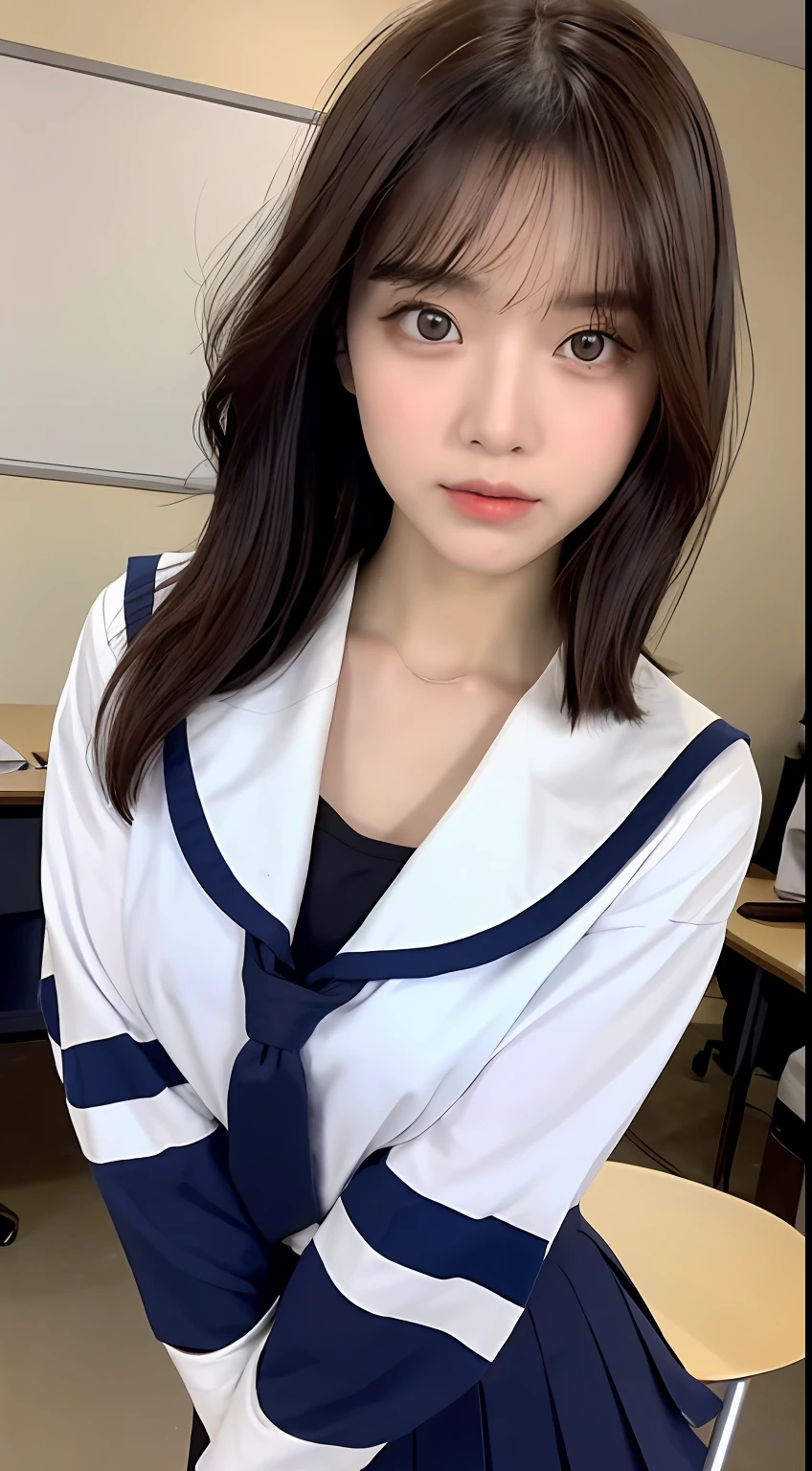 (Top Quality, 8K, Masterpiece: 1.3)), Focus: 1.2, Perfect Body Beauty: 1.8, Buttocks: 1.2, ((Layered Haircut, Chest: 2.5)), Japan High School, Sailor Suit Worn by Japan High School Students, (School, Classroom), Highly Detailed Face and Skin Texture, Big Eyes, Tanuki Face, Double Eyelids, Whitened Skin, Shoot Cut