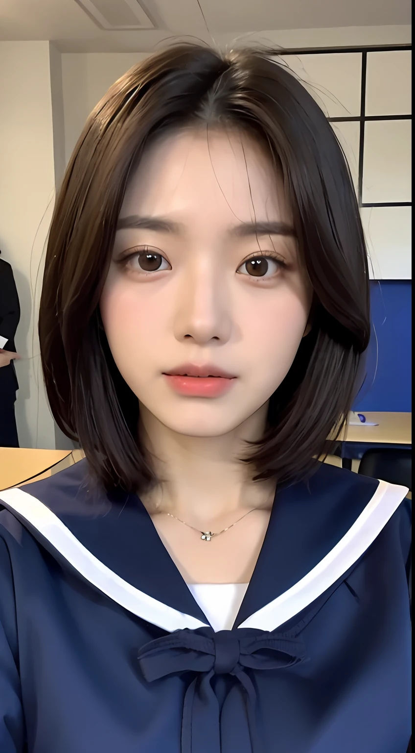 (Top Quality, 8K, Masterpiece: 1.3)), Focus: 1.2, Perfect Body Beauty: 1.8, Buttocks: 1.2, ((Layered Haircut, Chest: 2.5)), Japan High School, Sailor Suit Worn by Japan High School Students, (School, Classroom), Highly Detailed Face and Skin Texture, Big Eyes, Tanuki Face, Double Eyelids, Whitened Skin, Shoot Cut