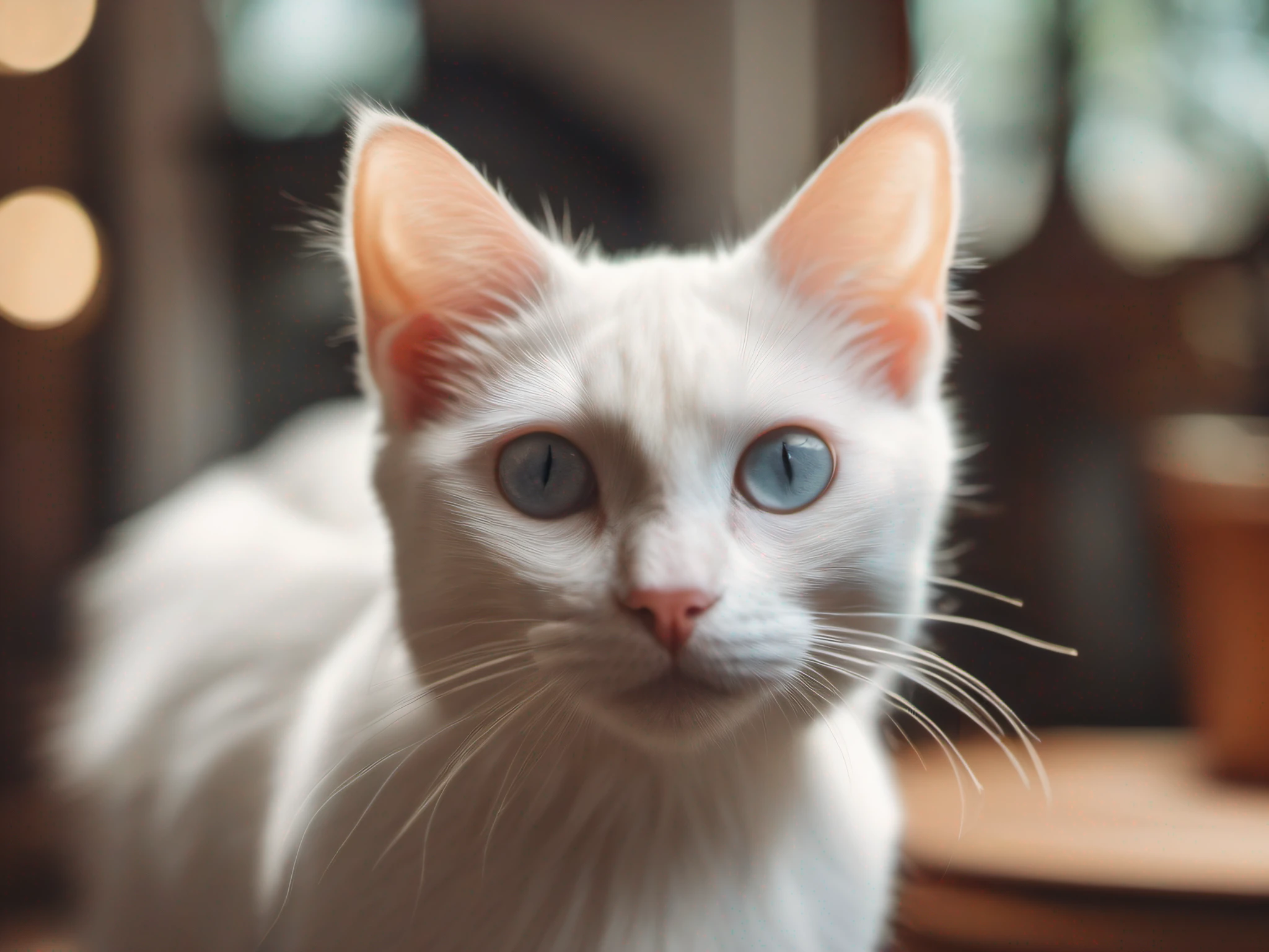 ((An adorable domestic albino cat)), Looking at camera, ((em cima de uma mesa de madeira:1.4)). ((Autoretrato realista, Foto RAW, 8k UHD, qualidade superior, melhor qualidade, altamente detalhado: 1.2))