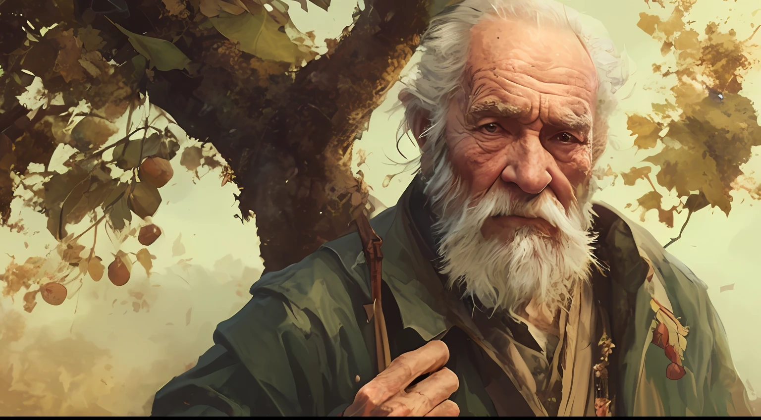 There is a man under a tree with a bunch of fruits, Arte de Wlop e Greg Rutkowski, Directed by: Ludwik Konarzewski Jr, senior concept artist, retrato do homem velho, Wise old man, retrato druida, pintura de personagem bonita, arte de fantasia digital 2d detalhada, estilo de pintura wlop, old man, pintura de personagens, um velho