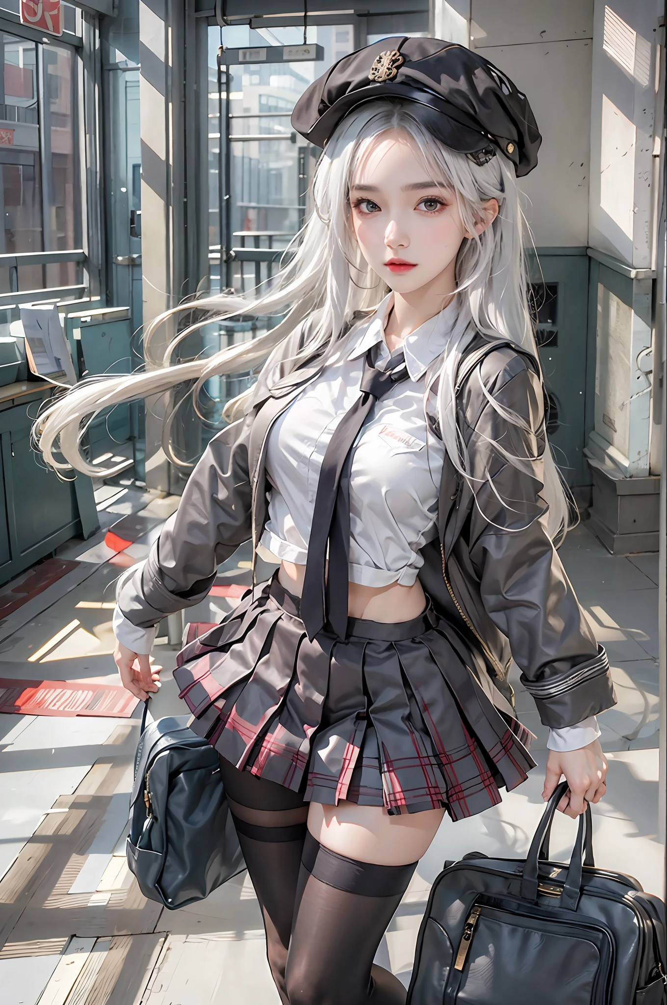 photorealistic, high resolution, 1women, solo, hips up, look at viewer, (detailed face), white hair, long hair, school uniform, skirt
