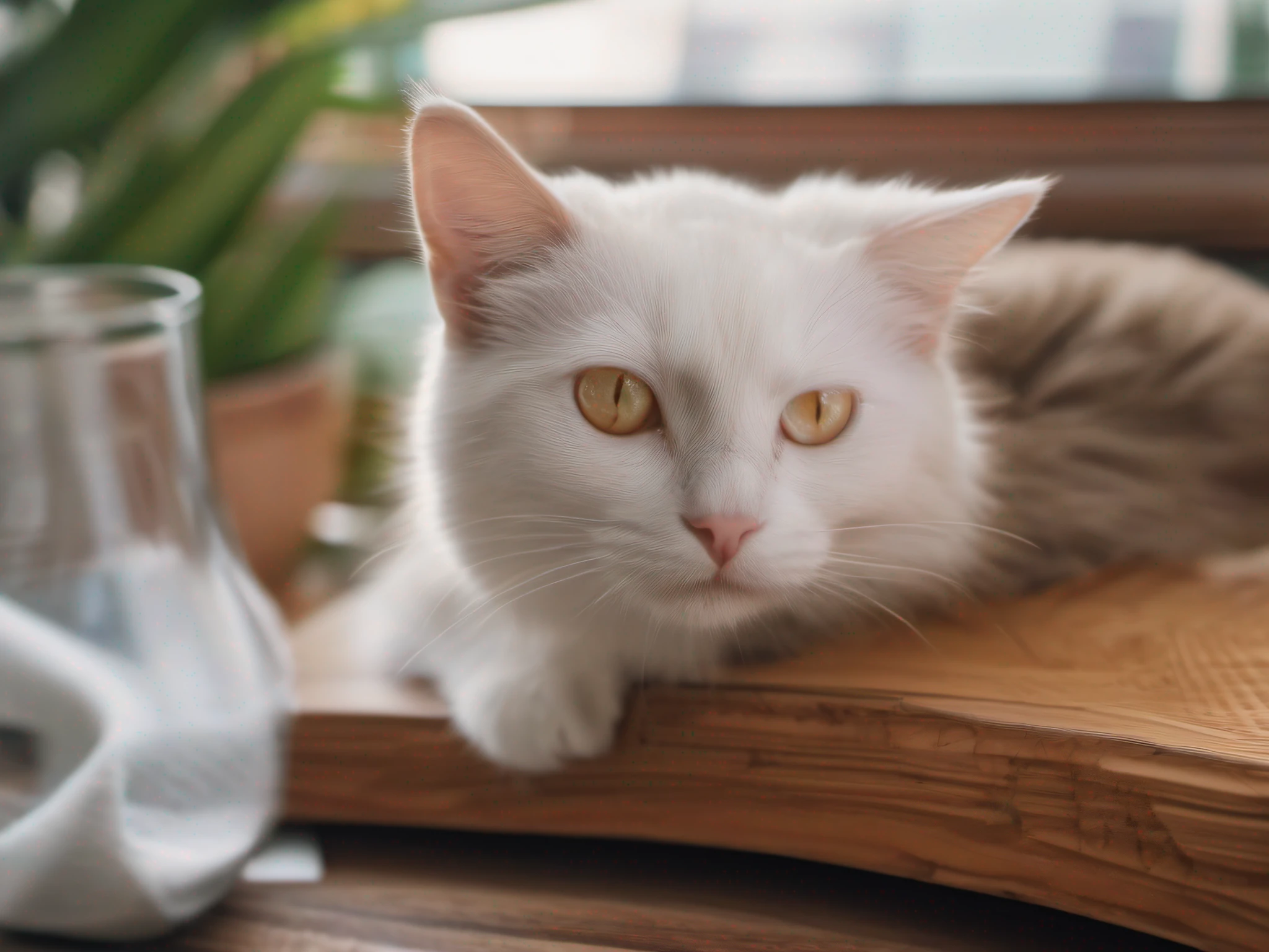 ((An adorable domestic albino cat)), Looking at camera, ((em cima de uma mesa de madeira:1.4)). ((Autoretrato realista, Foto RAW, 8k UHD, qualidade superior, melhor qualidade, altamente detalhado: 1.2))