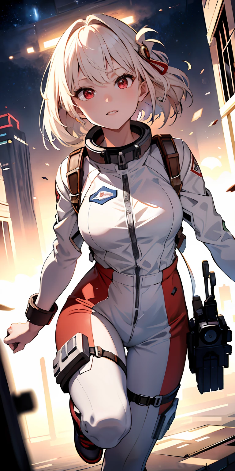 Absurd resolution, high resolution, (masterpiece: 1.4), super detailed, 1 girl, in spacesuit, seen from above, space, floating, satellite, running pose, wide angle lens distortion, platinum blonde, medium hair, red eyes