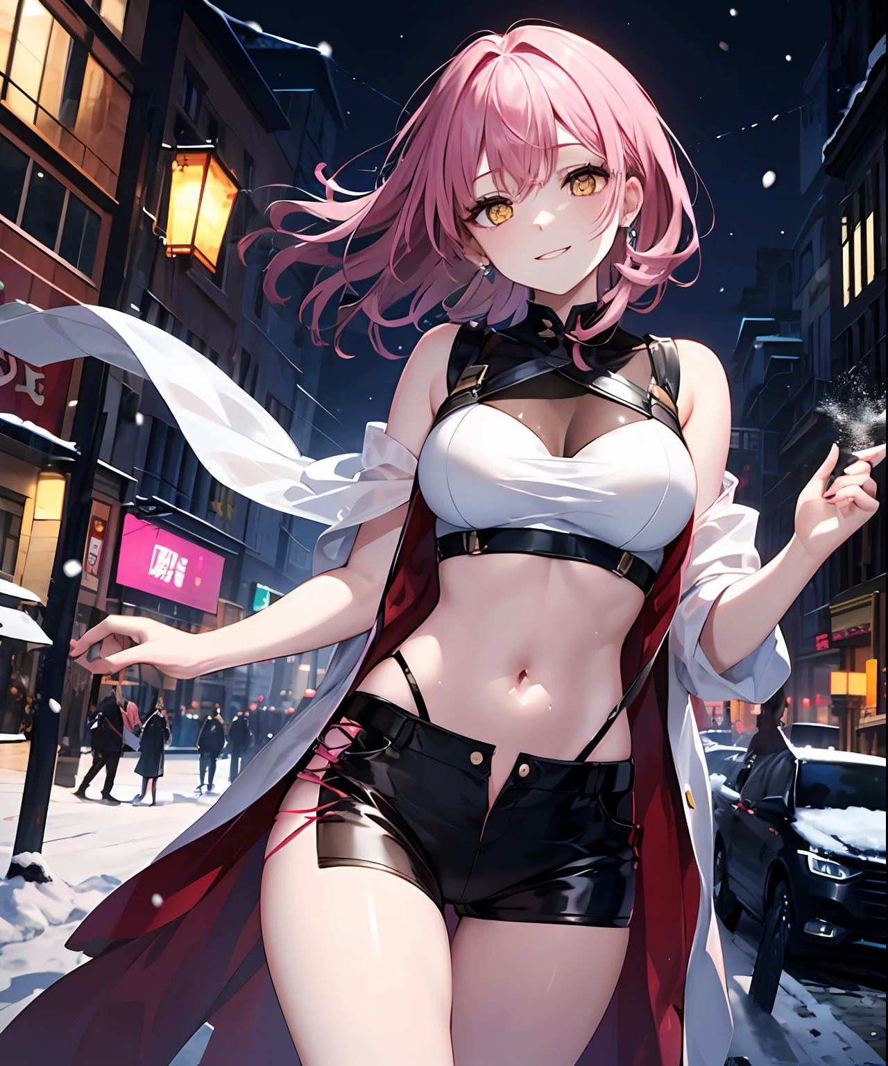(​masterpiece、top-quality)、独奏、1womanl、Medium Hair、Pink hair、Yellow eyes、A smile、Navel dashi、T-shirt with navel、Skin wiping action、White skin as clear as snow、Fantastical、Western-style cityscape