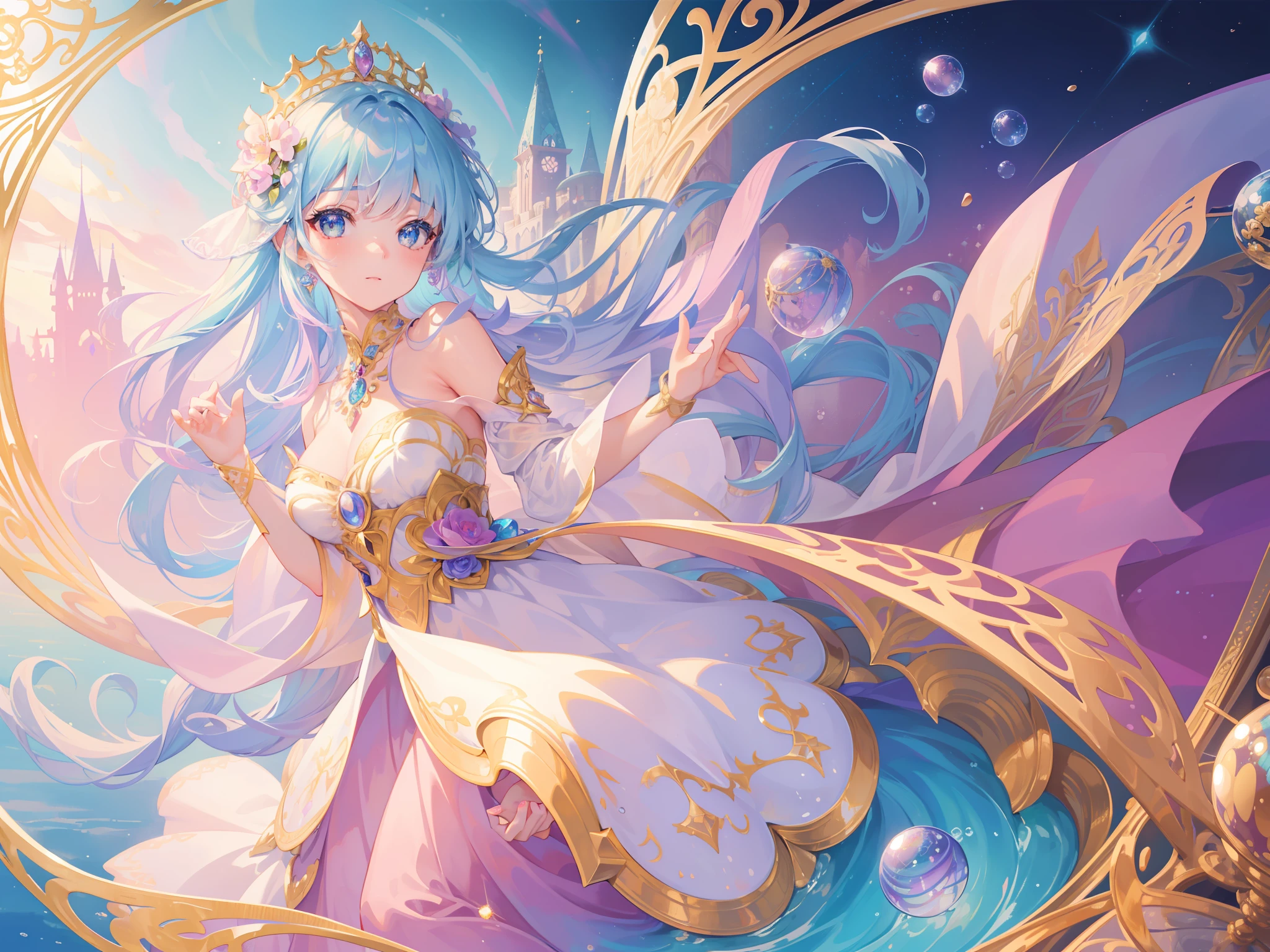 masterpiece, best quality, 8k resolution, sharp focus, intricate detail, beautiful girl, sparkling eyes, golden ratio face, otherworldly liquid, watercolor, ((pastel colors)), bright colors, whimsical, colorful, sharp focus, high resolution, fine detail, princess fantasy ballgown, ((round eyes)), iridescent bubbles, castle landscape in background