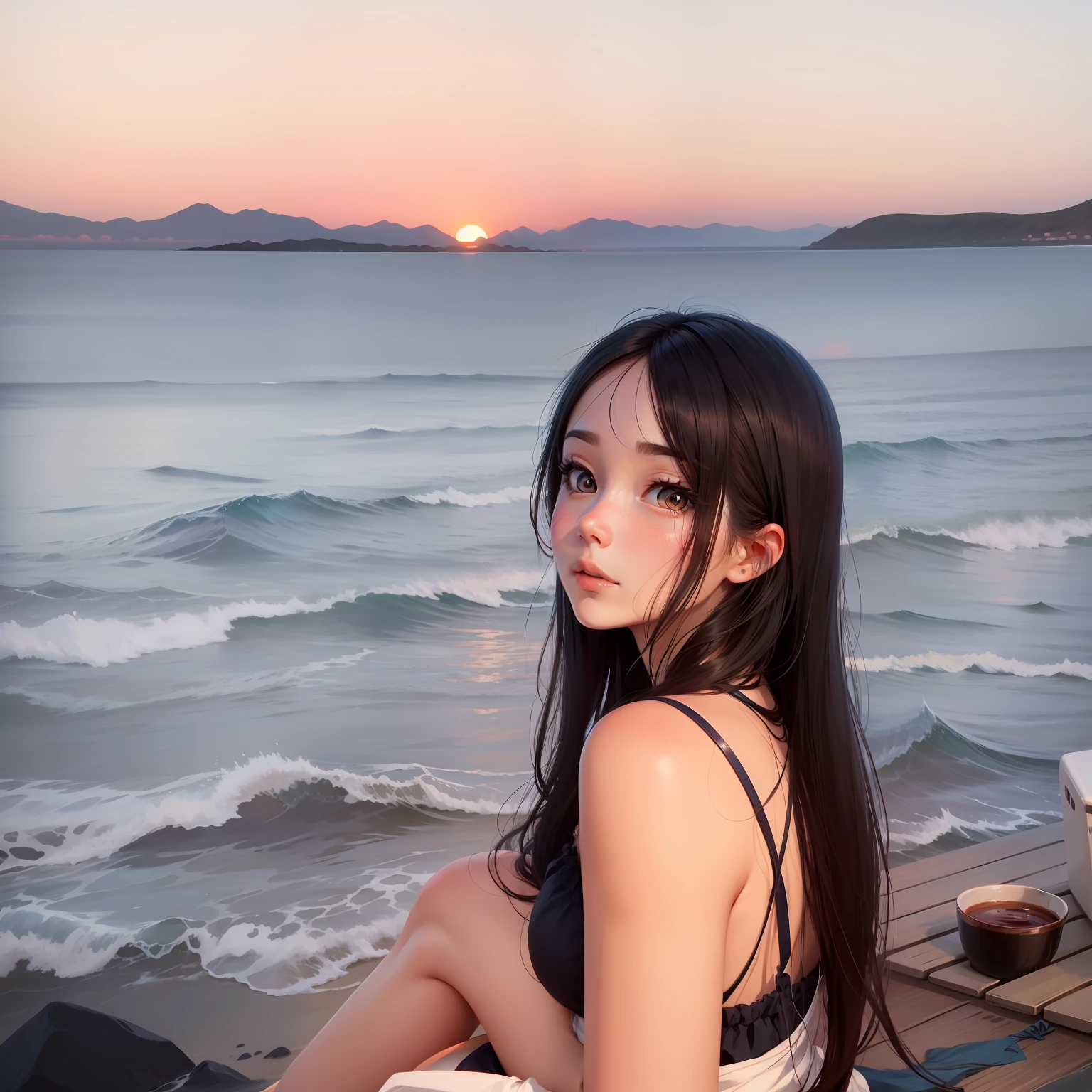 delicated face，Delicate facial features，Sunset Blue Sea Cartoon anime