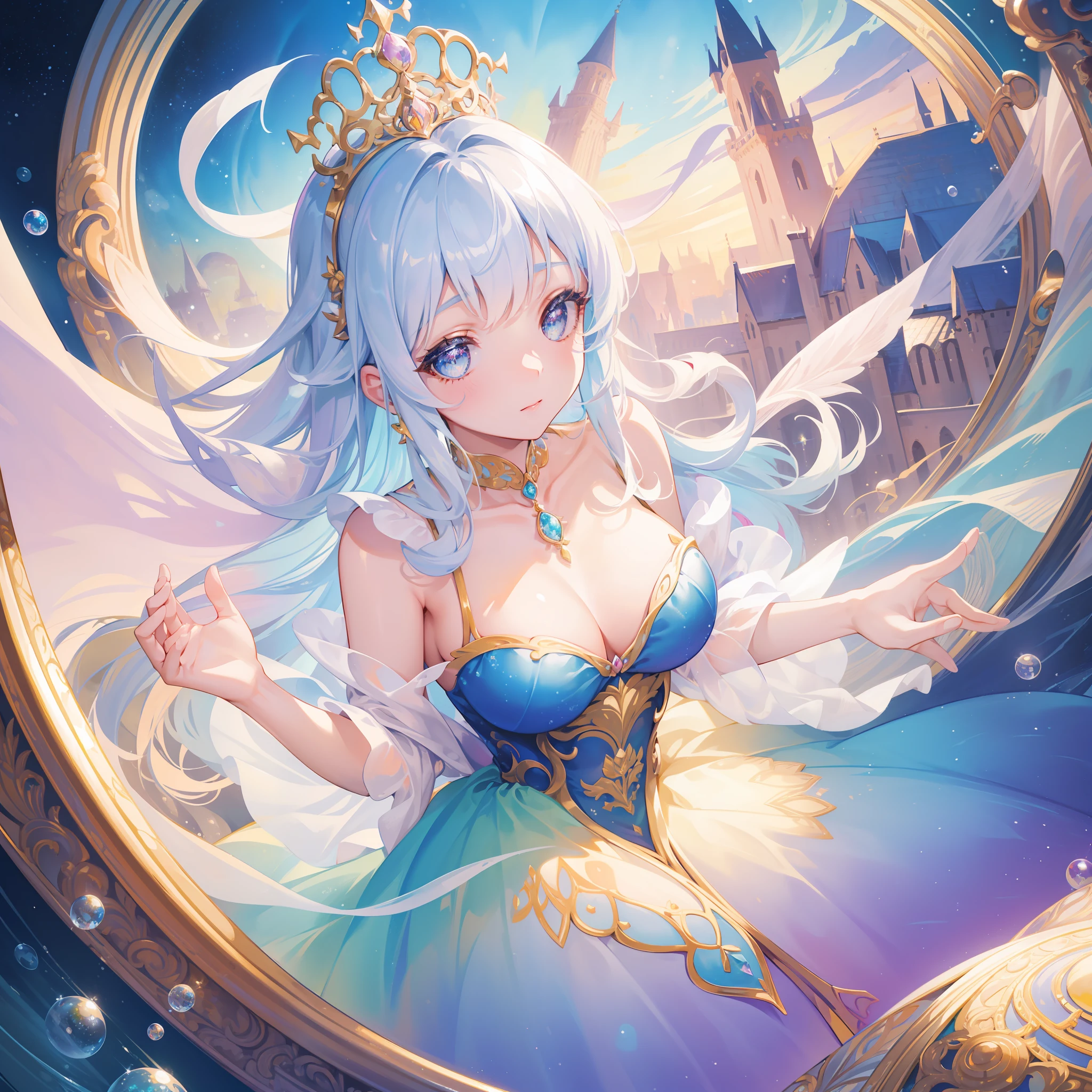 masterpiece, best quality, 8k resolution, sharp focus, intricate detail, beautiful girl, sparkling eyes, golden ratio face, otherworldly liquid, watercolor, ((pastel colors)), bright colors, whimsical, colorful, sharp focus, high resolution, fine detail, princess fantasy ballgown, ((round eyes)), iridescent bubbles, castle landscape in background