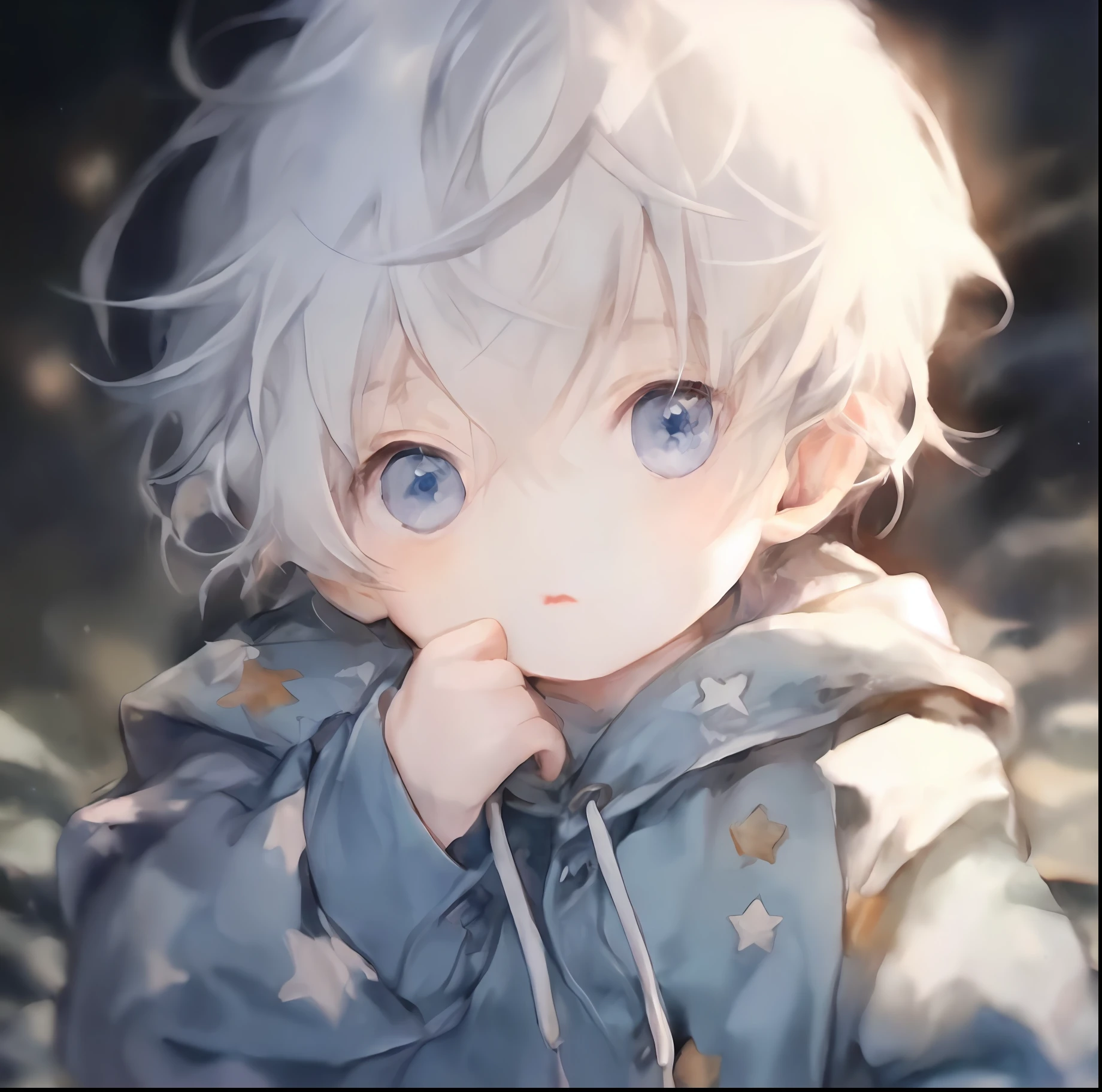 Anime boy with white hair and blue eyes in a blue jacket, Anime boy, with huge luminous sad eyes, nagito komaeda, Guviz-style artwork, lalafell, Guviz, Tall anime guy with blue eyes, cute anime face, a beautiful anime portrait, Stunning anime face portrait, Soft anime illustration, Cute anime, anime wallaper