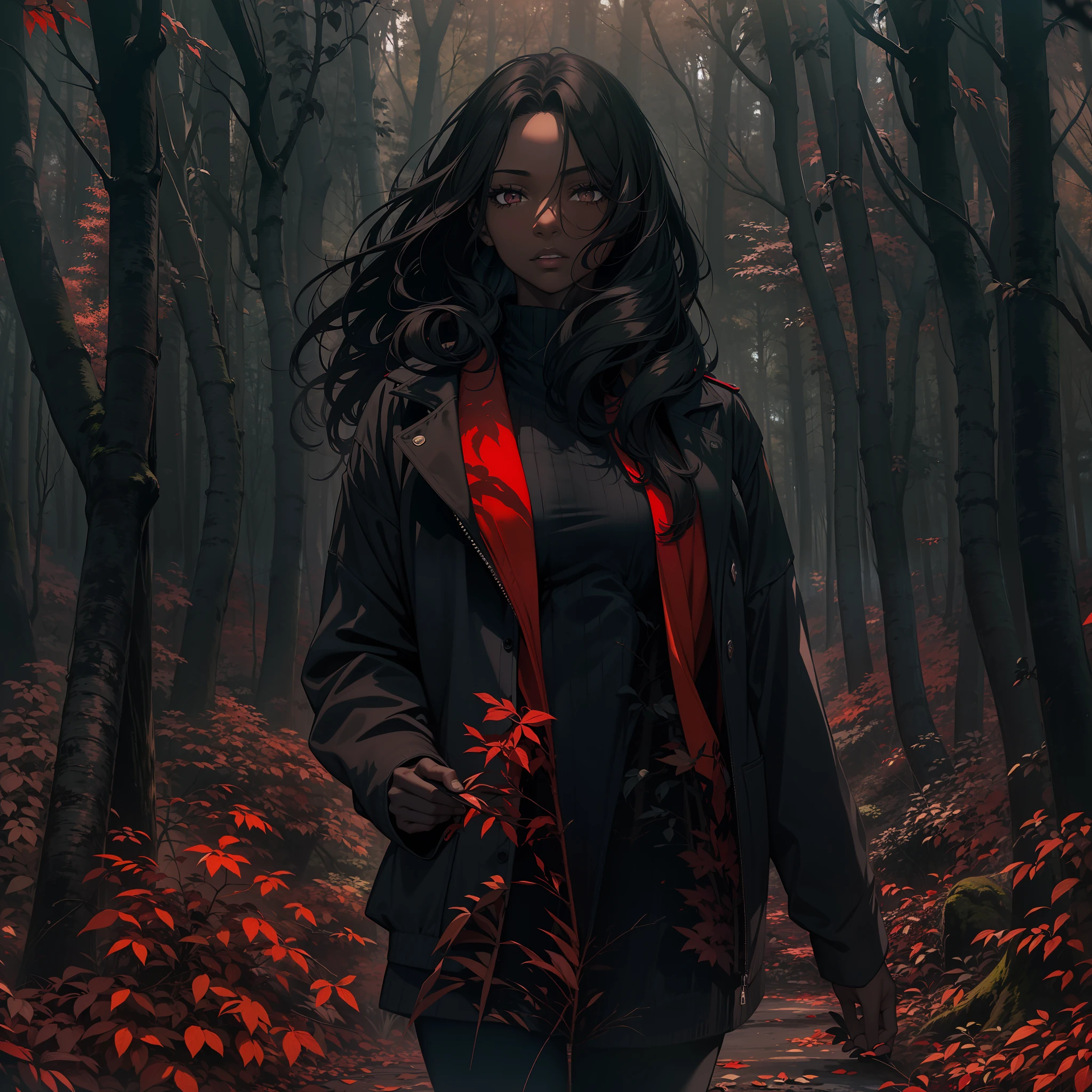 A young ((black skin)) woman is walking in a dark forest, surrounded by tall trees with red leaves. They wear a black jacket and have dark hair that reaches their shoulders. The forest is dimly lit, creating a contrast between the red and black colors. The image evokes a sense of mystery and danger.