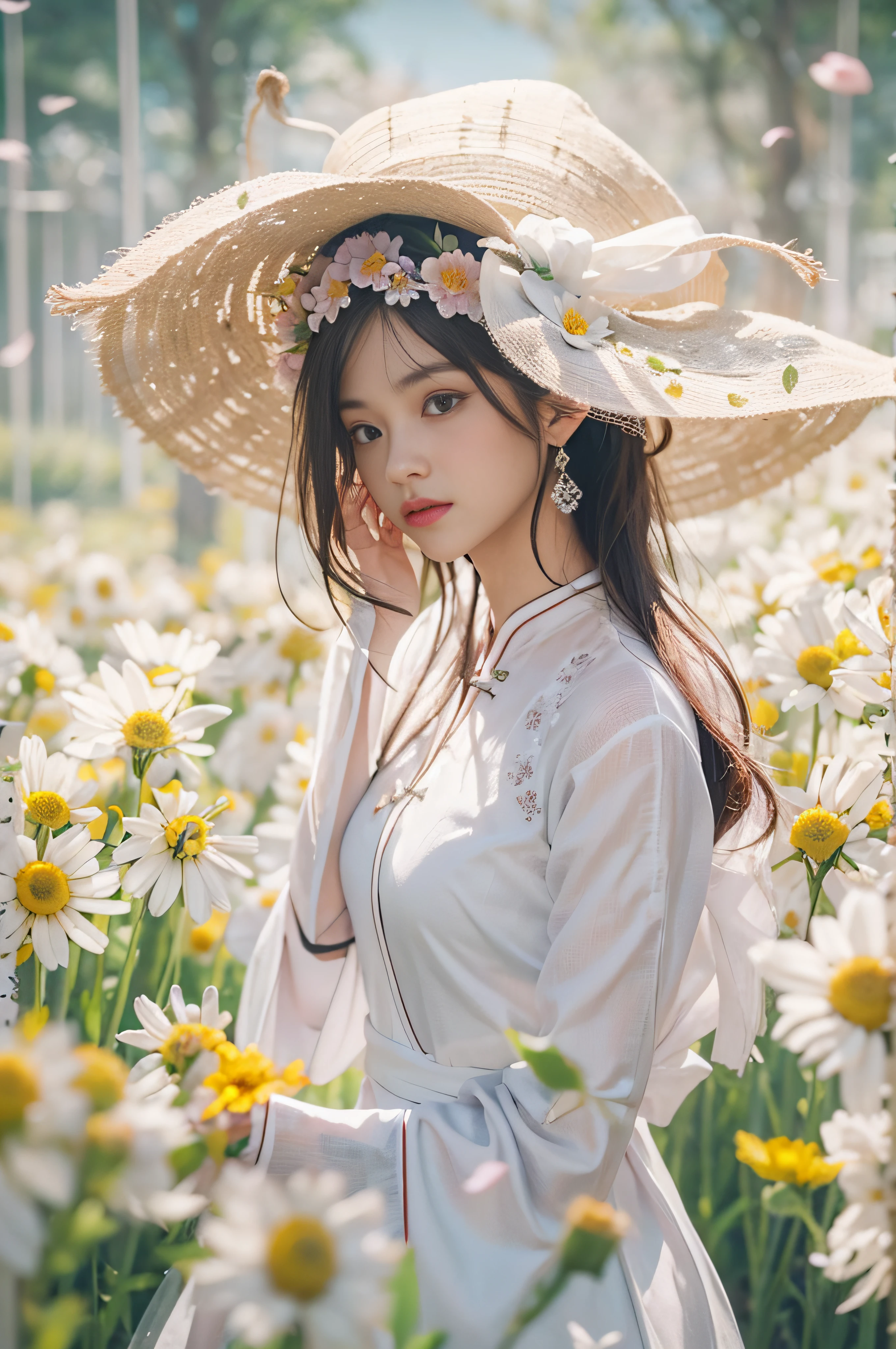 a beautiful girl in white aodai , masterpiece, best quality, realistic:1.3,in a field of flowers, holding bundle of flowers, sunlight, backlighting, emotional depth, flowers, flower fields, bloom, ultra detailed, film grain