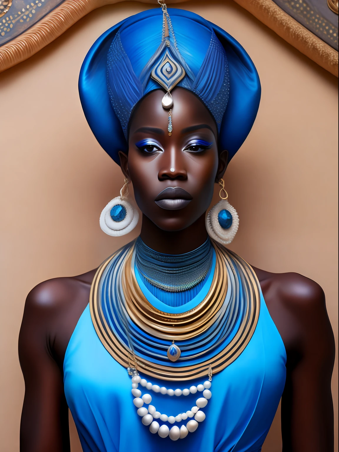 orisha, deusa africana, sereia negra, adorned with silver jewelry blue jewelry conch shells, Afrofuturismo, Mar, fundo do mar, oceano, sentada numa concha, inspirada em Halle Bailey, Candomblé vestments, pintura corporal , pintura tribal,