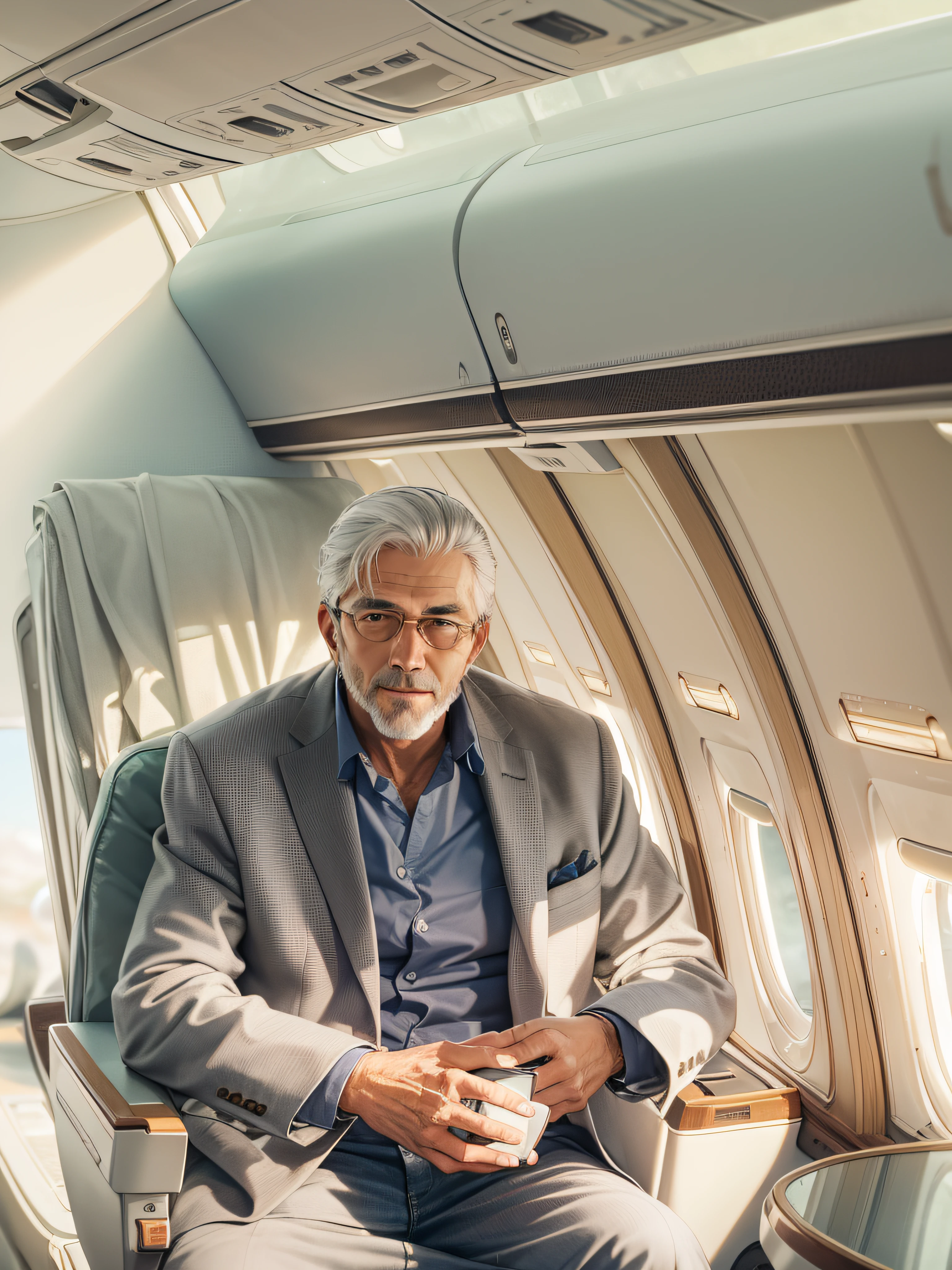 Gray-haired man sitting on an airplane on a business jet