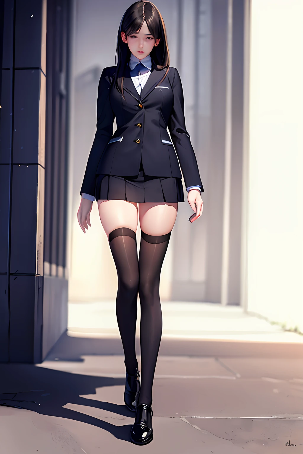 ((masterpiece, best_quality)), 1girl, (photorealistic:1.4),  solo, white_background, black_hair, long_hair,   zettai_ryouiki, skirt, ((full_body)),