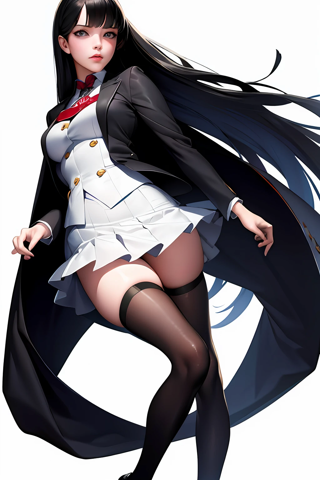 ((masterpiece, best_quality)), 1girl, (photorealistic:1.4), solo, white_background, black_hair, long_hair, zettai_ryouiki, skirt, ((full_body)),