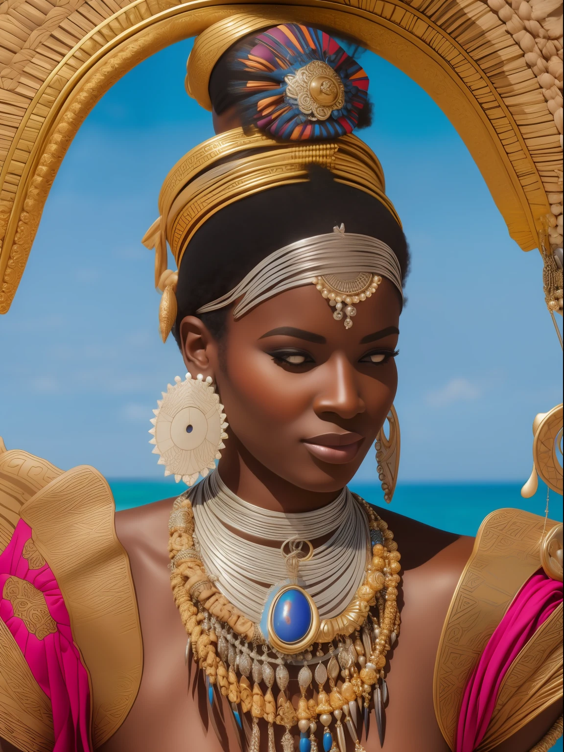 orisha, deusa africana, sereia negra, adorned with silver jewelry blue jewelry conch shells, Afrofuturismo, Mar, fundo do mar, oceano, sentada numa concha, inspirada em Halle Bailey, Candomblé vestments, pintura corporal , pintura tribal,