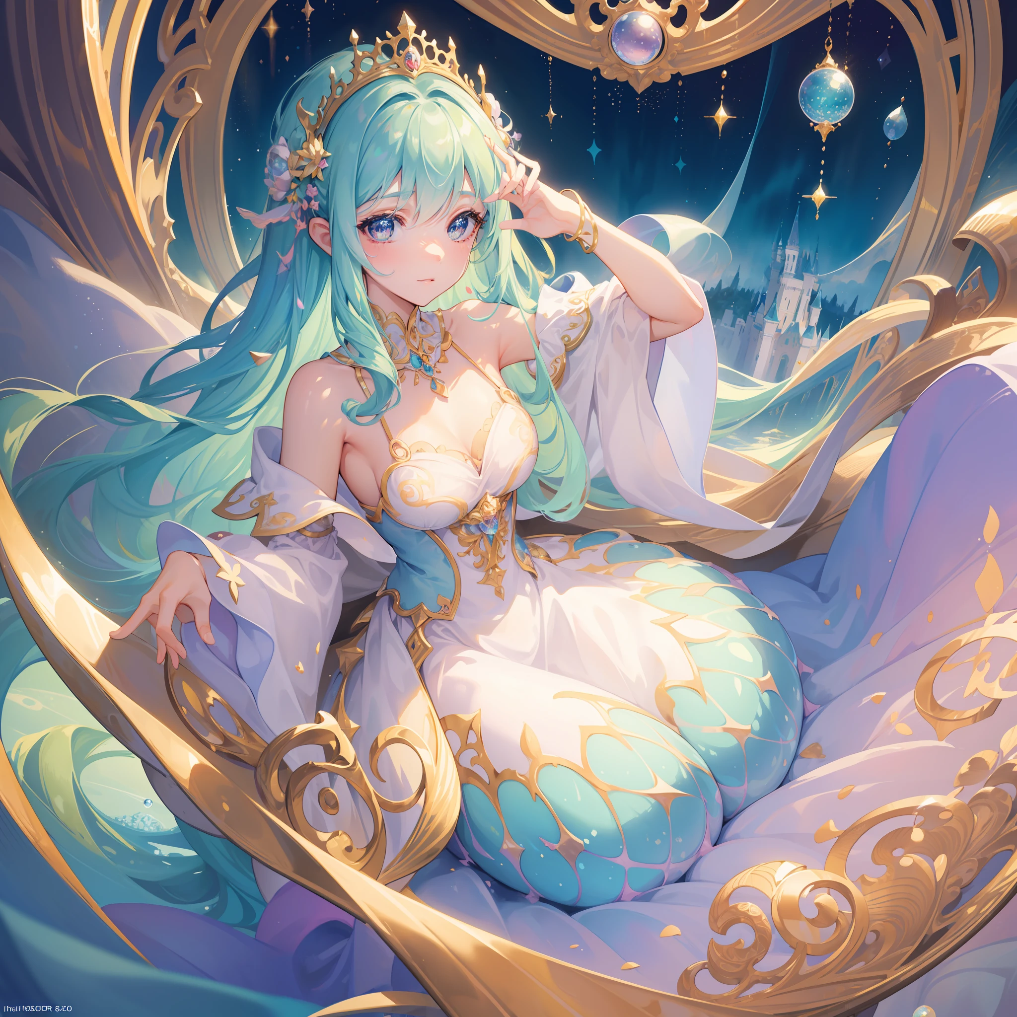 masterpiece, best quality, 8k resolution, sharp focus, intricate detail, beautiful girl, sparkling eyes, golden ratio face, otherworldly liquid, watercolor, ((pastel colors)), bright colors, whimsical, colorful, sharp focus, high resolution, fine detail, princess fantasy ballgown, ((round eyes)), iridescent bubbles, castle landscape in background