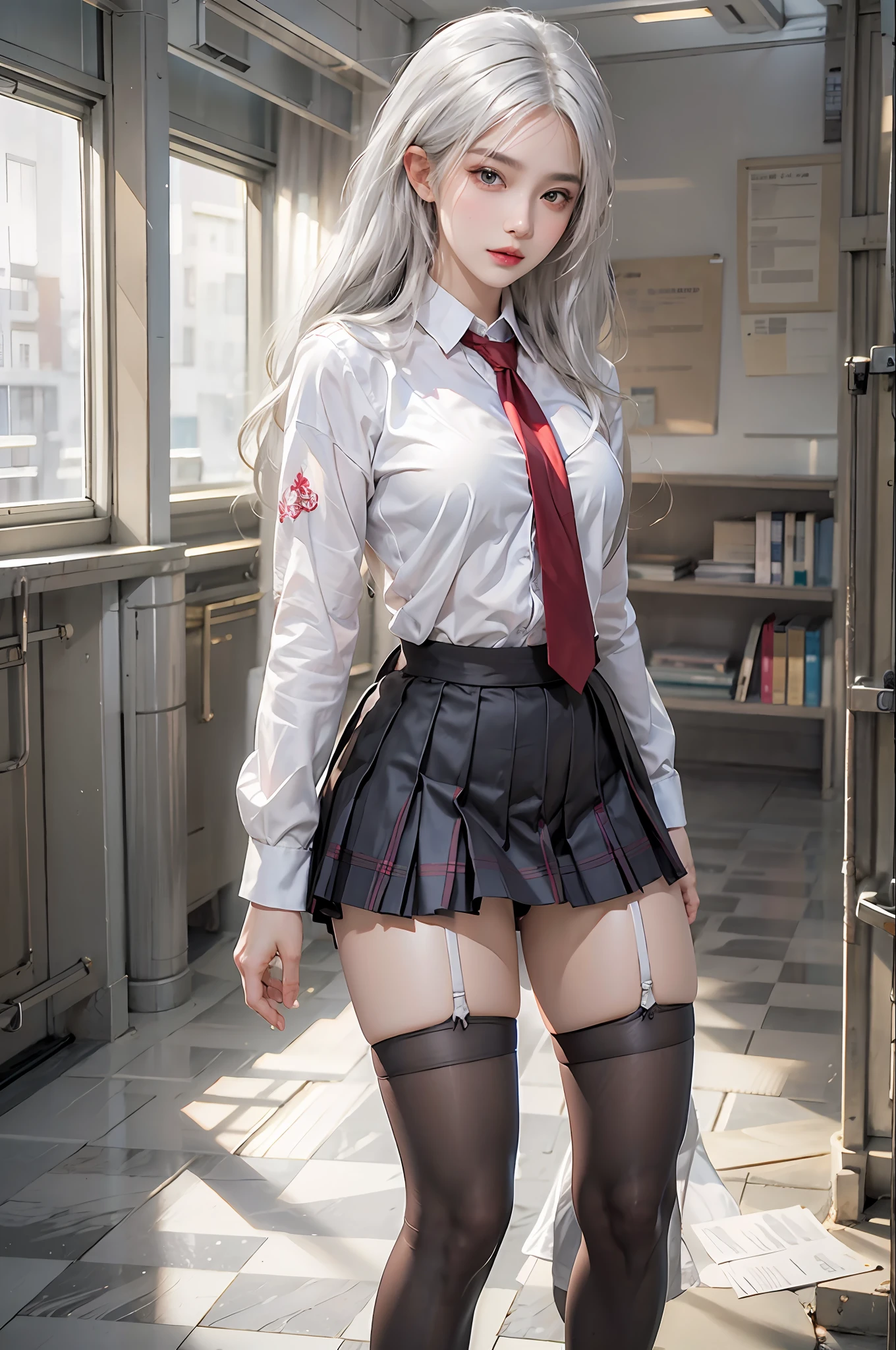 photorealistic, high resolution, 1women, solo, hips up, look at viewer, (detailed face), white hair, long hair, school uniform, skirt, stockings