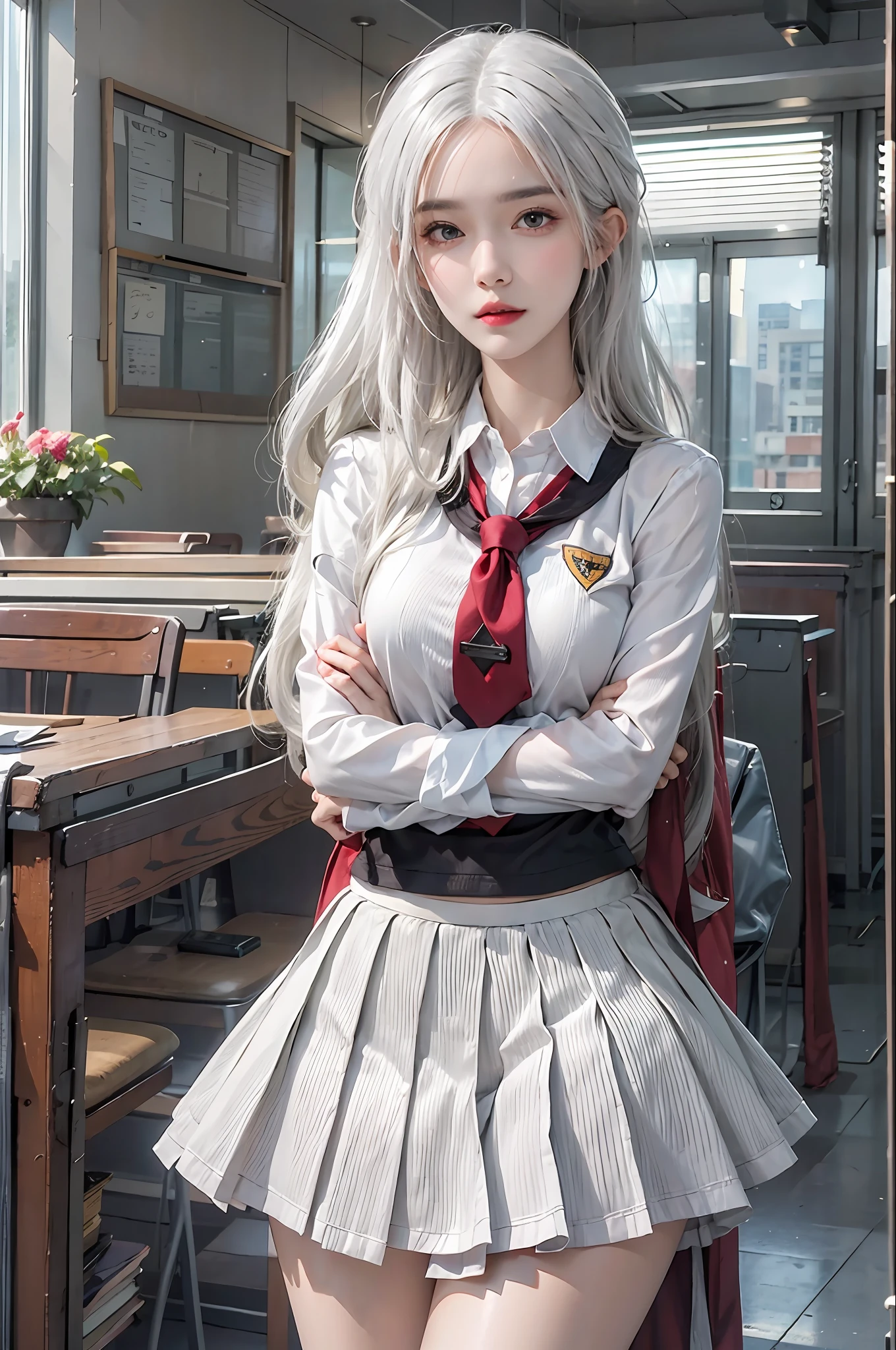 photorealistic, high resolution, 1women, solo, hips up, look at viewer, (detailed face), white hair, long hair, school uniform, skirt, stockings