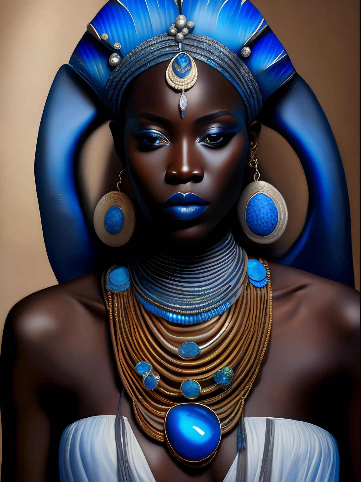 orisha, deusa africana, sereia negra, adorned with silver jewelry blue jewelry conch shells, Afrofuturismo, Mar, fundo do mar, oceano, sentada numa concha, inspirada em Halle Bailey, Candomblé vestments, pintura corporal , pintura tribal,