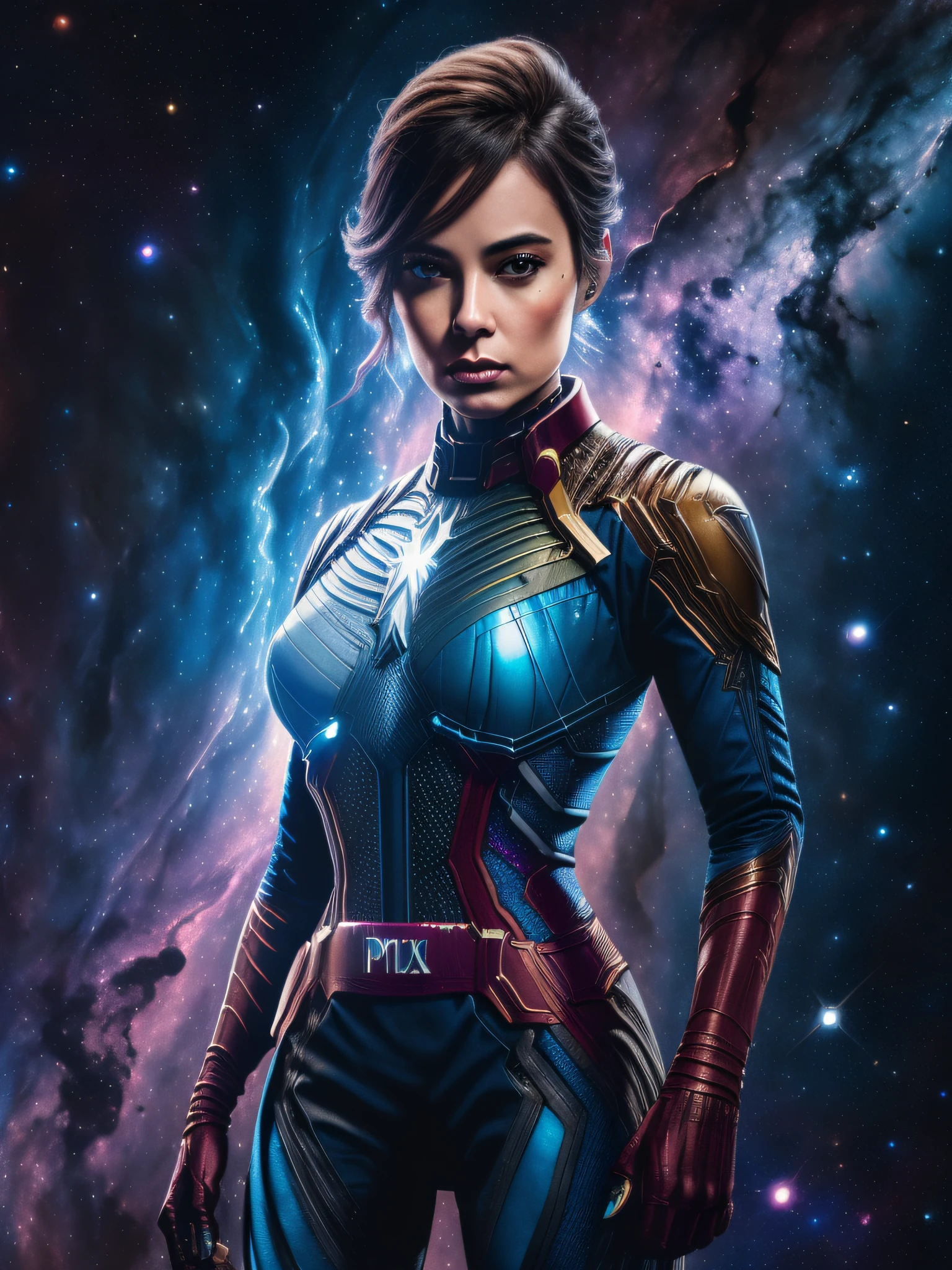 linda mulher, (((inspirada em "Nebula (Marvel Cinematic Universe))), roupas curtas estilo android, ((Autorretrato frontal)), 8k UHD, DSLR, grain of film, pintura fotorrealista Fujifilm XT3 arte midjourney, (NSFW:1.2).