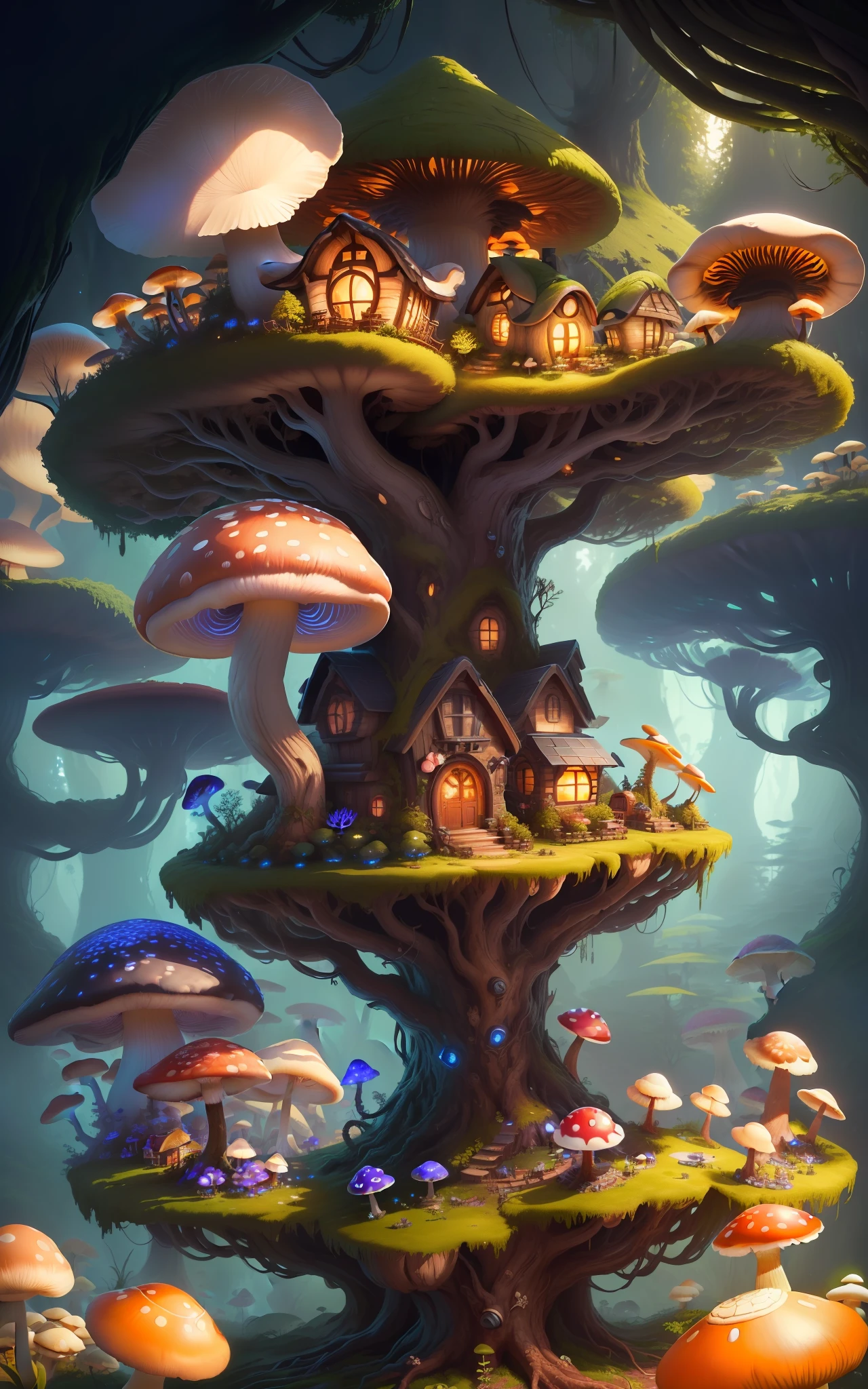 Close-up of a bunch of mushrooms in the forest, mushroom city, Mushroom forest, cyber mushroom city, mushroom house, forest made of mushrooms, mushroom trees, Stylized concept art, mushroom house, 3 d render stylized, Mushrooms are everywhere, Detailed digital 2D fantasy art, houses in the shape of mushrooms, magical fantasy 2 d concept art