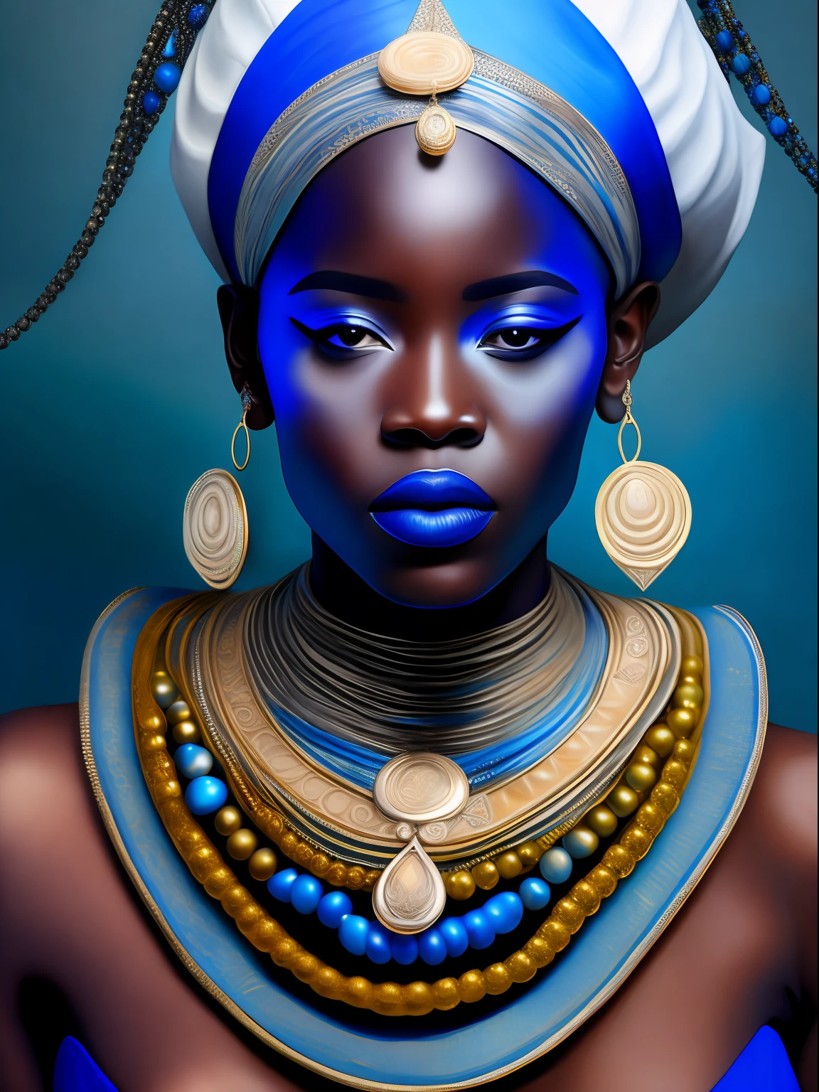 orisha, deusa africana, sereia negra, adorned with silver jewelry blue jewelry conch shells, Afrofuturismo, Mar, fundo do mar, oceano, sentada numa concha, inspirada em Halle Bailey, Candomblé vestments, pintura corporal , pintura tribal,