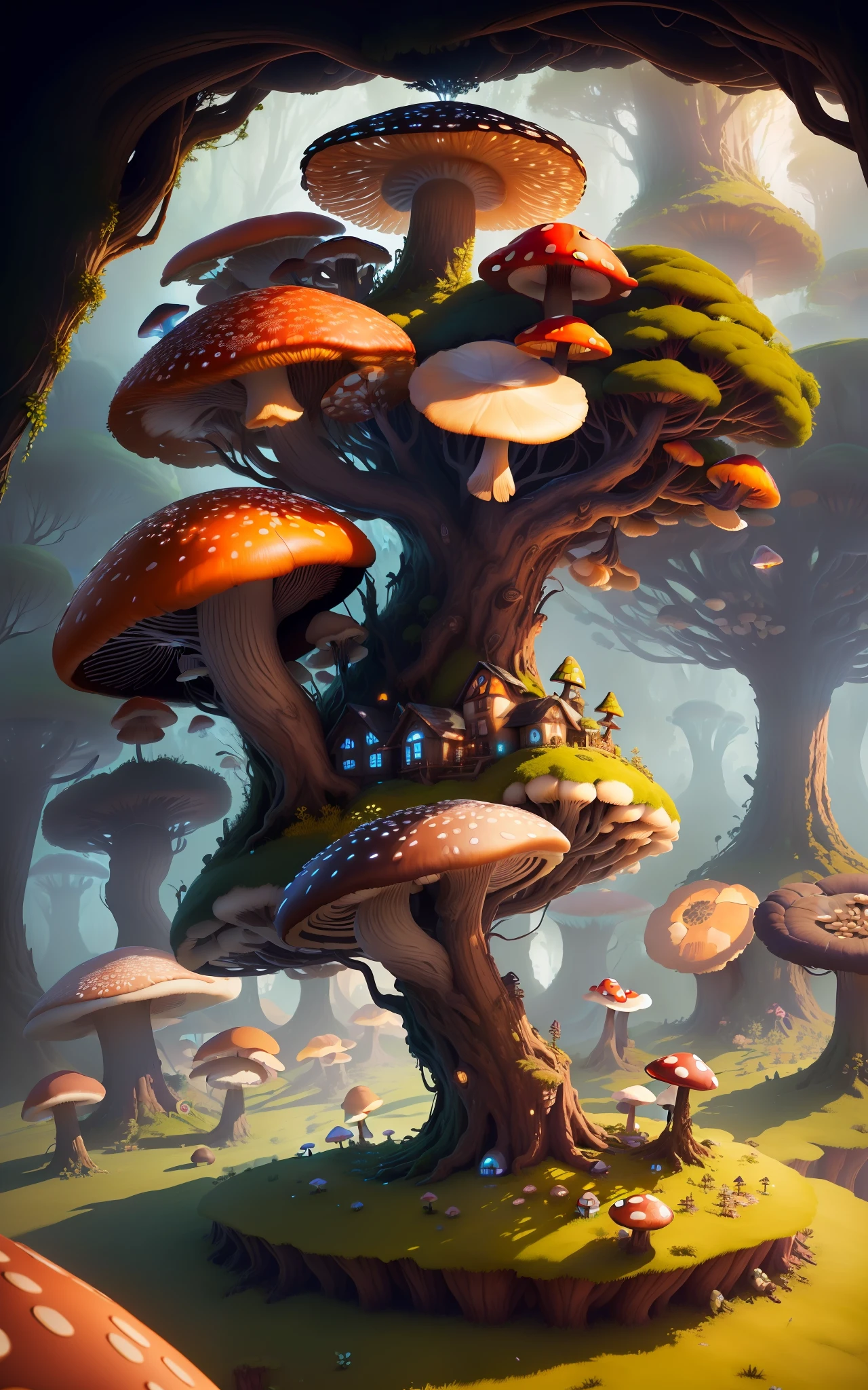 Close-up of a bunch of mushrooms in the forest, mushroom city, Mushroom forest, cyber mushroom city, mushroom house, forest made of mushrooms, mushroom trees, Stylized concept art, mushroom house, 3 d render stylized, Mushrooms are everywhere, Detailed digital 2D fantasy art, houses in the shape of mushrooms, magical fantasy 2 d concept art