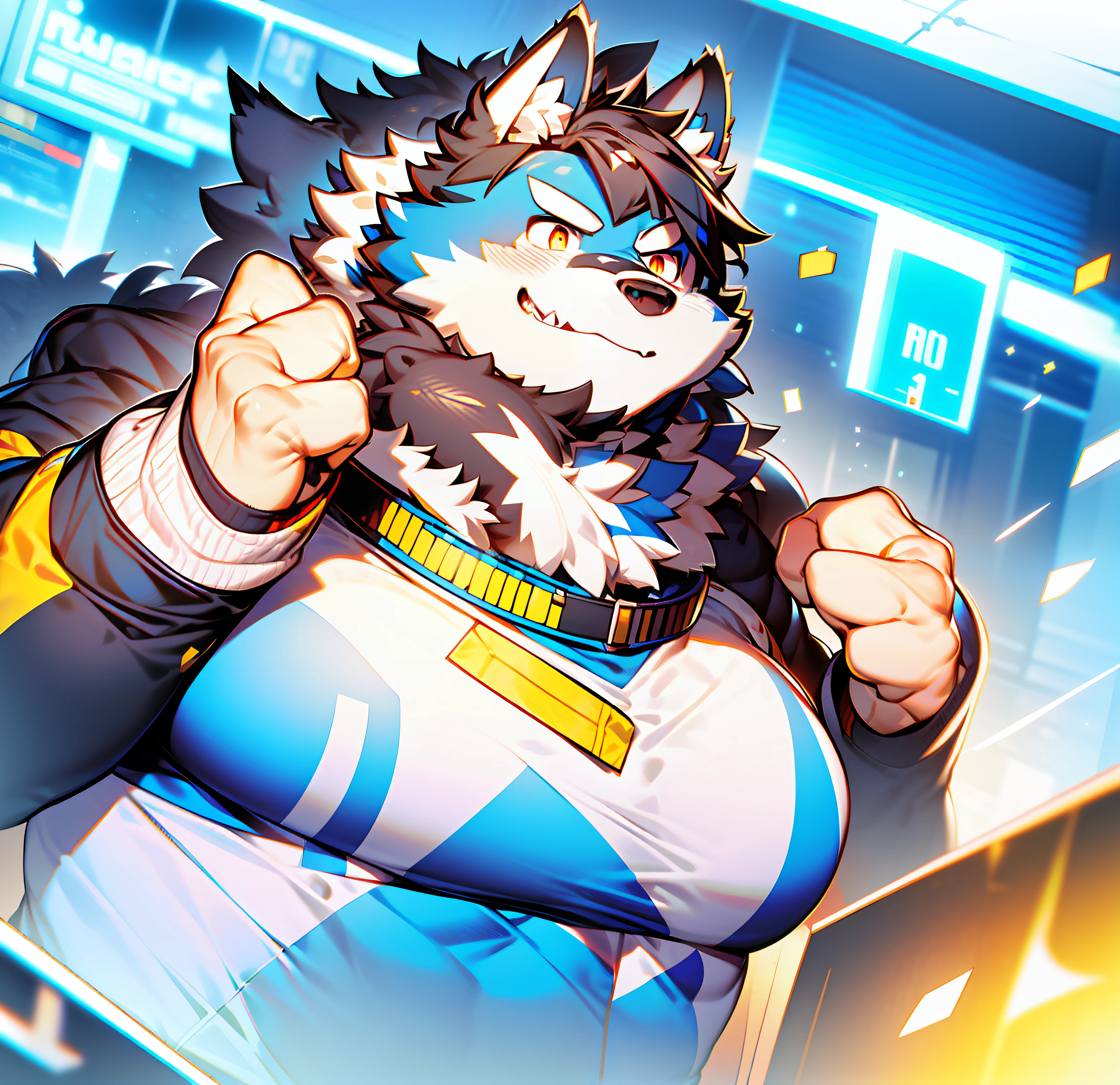 coyote,Furry,Blue pattern,Black hair,musculature,Muscle men,nakeness,Strong,ultraclear,Has a large ,Collar,Black shorts,Black sclera,red pupils,Abs,Yellow coat,The erection,Collar,Has a large ,der riese,tit,Solo,Stout arms,Storm jacket,Badge,Pronounced abs,ssmile,lbeard,Dim lighting,Dark atmosphere,subway station background,Dim light,Urban style,hold fists,Big Dick,vast pecs