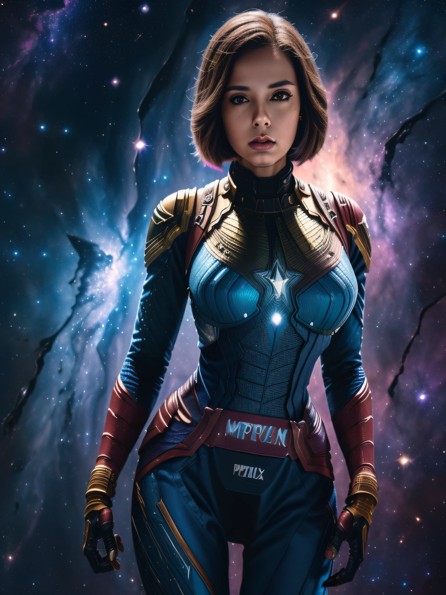 linda mulher, (((inspirada em "Nebula (Marvel Cinematic Universe))), roupas curtas estilo android, ((Autorretrato frontal)), 8k UHD, DSLR, grain of film, pintura fotorrealista Fujifilm XT3 arte midjourney, (NSFW:1.2).