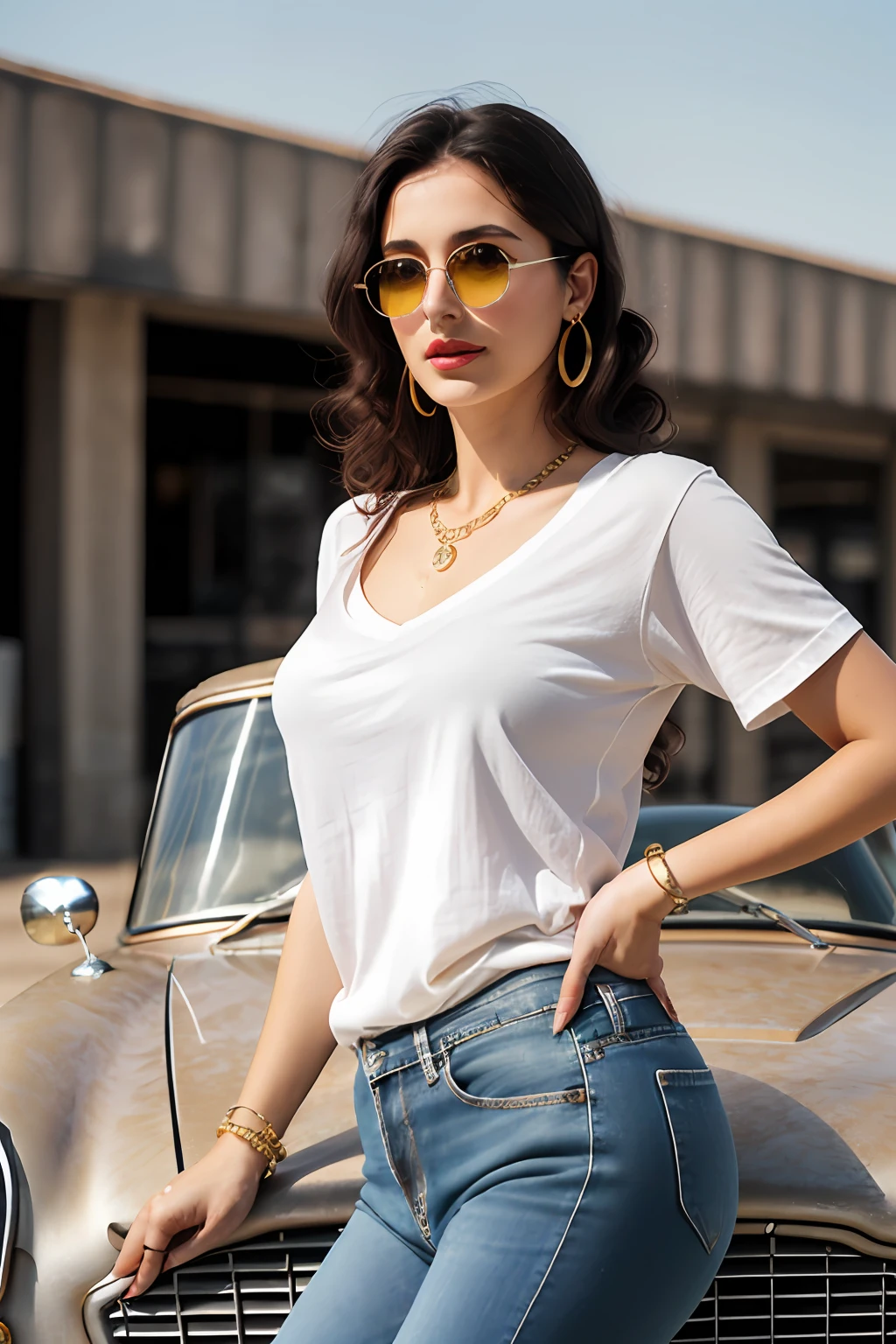 (RAW photo, realism: 1.8), (dark lip gloss, dull lipstick, many eyelashes, black eye shadow, shy, blushing, high quality, high resolution, depth of field, chromatic aberration, caustic, wide light, natural colors, 30 year old woman), in vintage dark sunglasses, thin gold chain, small earrings, gold bracelets, wear many accessories, large breasts, style a seriousness, ((Best Quality, 8k, Masterpiece:1.3)), Focus: 1.2, Perfect Body Beauty: 1.4, Arabian 30 years old woman: 1.2, (Short curly black hairs)), (Black baggy basic tee-shirt:1.1), Black Basic round neck full body length tee-shirt, Blue damage style skinny jeans, low rise jeans, long jeans: 1.1, Highly detailed face and skin texture, Detailed eyes, Double eyelids, toned body, Whitened skin, minor smile, large breasts, toned firm breasts, long heel's, standing at old gas station, perfect feet's, toned firm legs, whitened skin, detailed sharp eyes and face, middle eastern woman, full length baggy basic tee-shirt, Black plain Baggy Tee-shirt, toned hips, 8K UHD, thin gold chain in neck, model looks, wearing wrist watch, bracelet, bangle's open legs style Posing, daylight, dusty and sunny, standing at ruined city, dusty atmosphere, full body shot, heel's, sunlight raises on background, standing near old gas station with old vintage car ((Aston Martin DB5 1964)), eyes cover with dark sunglasses, old classic vintage car, Aston Martin