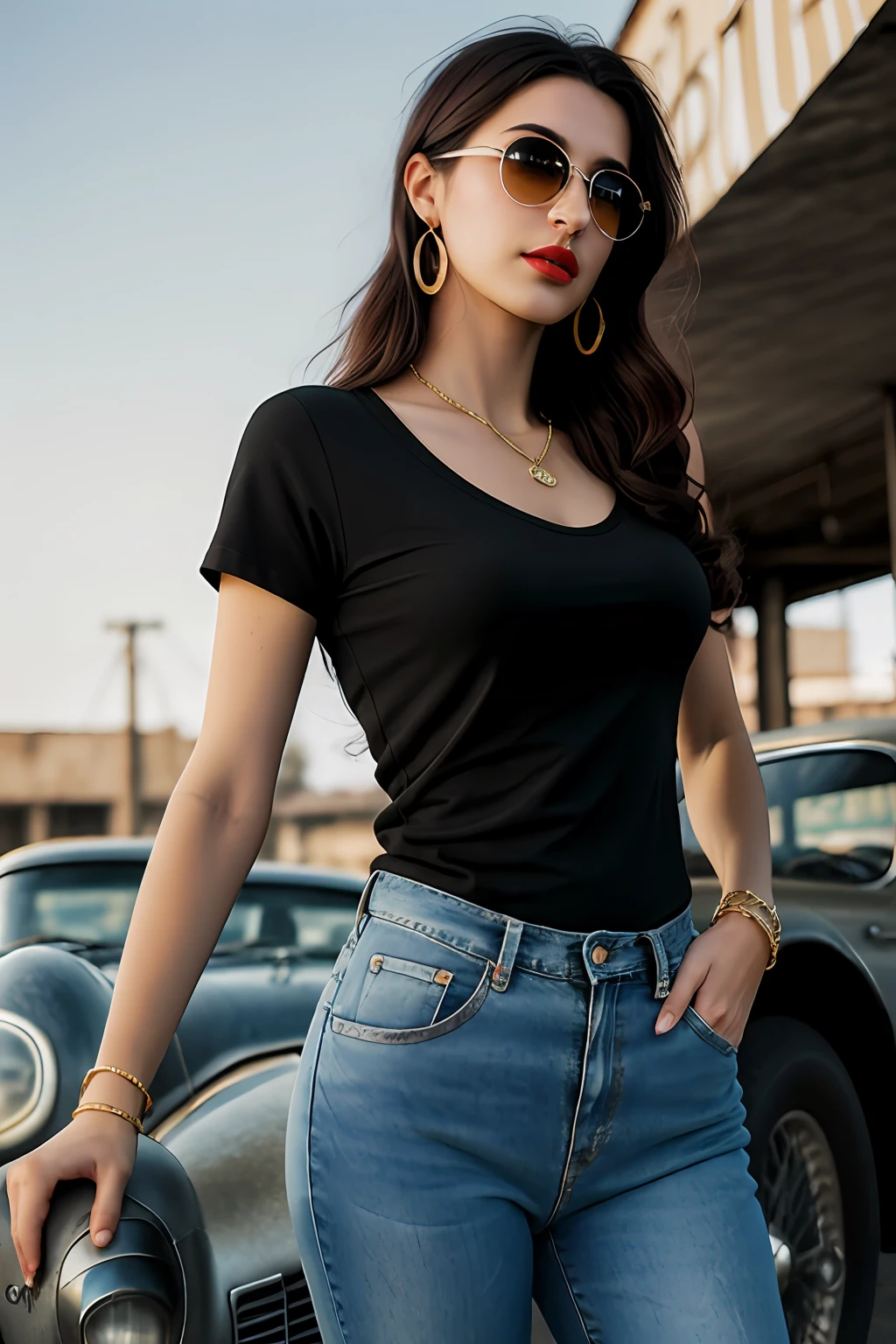 (RAW photo, realism: 1.8), (dark lip gloss, dull lipstick, many eyelashes, black eye shadow, shy, blushing, high quality, high resolution, depth of field, chromatic aberration, caustic, wide light, natural colors, 30 year old woman), in vintage dark sunglasses, thin gold chain, small earrings, gold bracelets, wear many accessories, large breasts, style a seriousness, ((Best Quality, 8k, Masterpiece:1.3)), Focus: 1.2, Perfect Body Beauty: 1.4, Arabian 30 years old woman: 1.2, (Short curly black hairs)), (Black baggy basic tee-shirt:1.1), Black Basic round neck full body length tee-shirt, Blue damage style skinny jeans, low rise jeans, long jeans: 1.1, Highly detailed face and skin texture, Detailed eyes, Double eyelids, toned body, Whitened skin, minor smile, large breasts, toned firm breasts, long heel's, standing at old gas station, perfect feet's, toned firm legs, whitened skin, detailed sharp eyes and face, middle eastern woman, full length baggy basic tee-shirt, Black plain Baggy Tee-shirt, toned hips, 8K UHD, thin gold chain in neck, model looks, wearing wrist watch, bracelet, bangle's open legs style Posing, daylight, dusty and sunny, standing at ruined city, dusty atmosphere, full body shot, heel's, sunlight raises on background, standing near old gas station with old vintage car ((Aston Martin DB5 1964)), eyes cover with dark sunglasses, old classic vintage car, Aston Martin