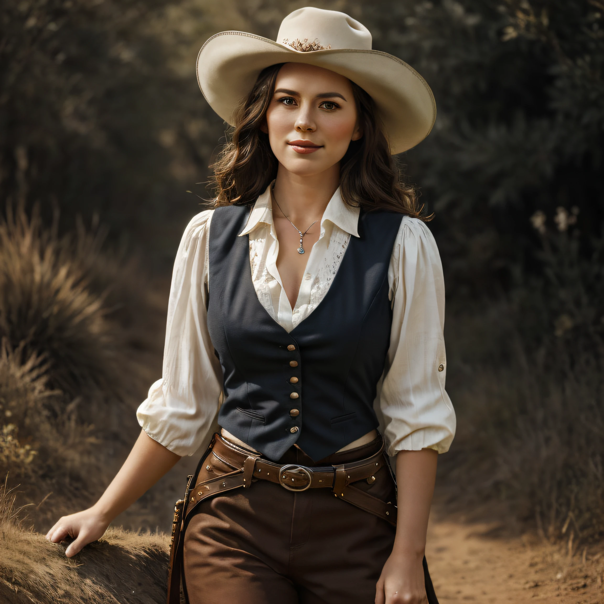 (Thirty year old) woman, standing beside a horse, dressed as an old western cowgirl, cowboy boots, long legs, dreamy photo, looking straight at camera, slight smile, full lips, pearl skin,