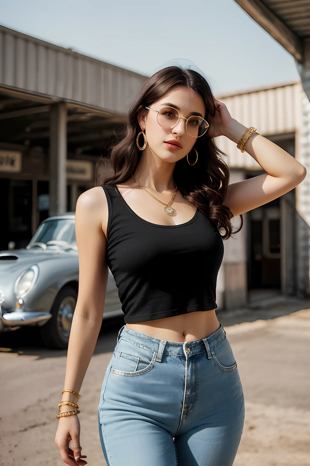 (RAW photo, realism: 1.8), (dark lip gloss, dull lipstick, many eyelashes, black eye shadow, shy, blushing, high quality, high resolution, depth of field, chromatic aberration, caustic, wide light, natural colors, 30 year old woman), in vintage dark sunglasses, thin gold chain, small earrings, gold bracelets, wear many accessories, large breasts, style a seriousness, ((Best Quality, 8k, Masterpiece:1.3)), Focus: 1.2, Perfect Body Beauty: 1.4, Arabian 30 years old woman: 1.2, (Short curly black hairs)), (Black baggy basic tee-shirt:1.1), Black Basic round neck full body length tee-shirt, Blue damage style skinny jeans, low rise jeans, long jeans: 1.1, Highly detailed face and skin texture, Detailed eyes, Double eyelids, toned body, Whitened skin, minor smile, large breasts, toned firm breasts, long heel's, standing at old gas station, perfect feet's, toned firm legs, whitened skin, detailed sharp eyes and face, middle eastern woman, full length baggy basic tee-shirt, Black plain Baggy Tee-shirt, toned hips, 8K UHD, thin gold chain in neck, model looks, wearing wrist watch, bracelet, bangle's open legs style Posing, daylight, dusty and sunny, standing at ruined city, dusty atmosphere, full body shot, heel's, sunlight raises on background, standing near old gas station with old vintage car ((Aston Martin DB5 1964)), eyes cover with dark sunglasses, old classic vintage car, Aston Martin