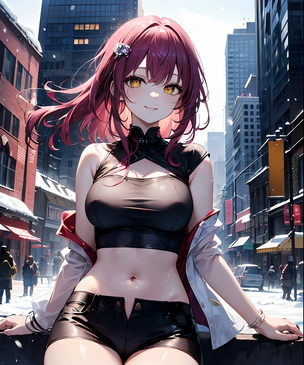 (masterpiece、top-quality)、独奏、1womanl、Medium Hair、Pink hair、Yellow eyes、A smile、Navel dashi、T-shirt with navel、Skin wiping action、White skin as clear as snow、Fantastical、Western-style cityscape